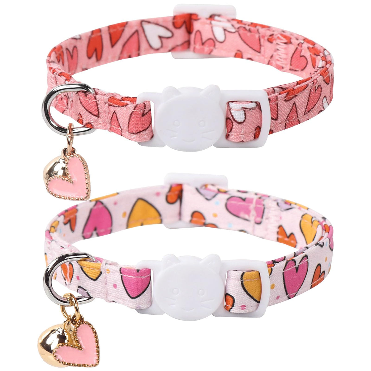 Lionet Paws 2Pcs Pack Valentine'S Day Cotton Cat Collar,Dot Heart Breakaway Buckle With Red Pink Love Cute Adjustable Cat Kitten