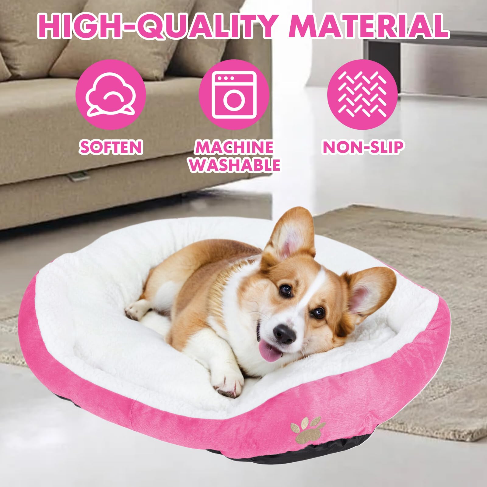Barelove Round Dog Cat Beds Mattress Washable Pads Room, Soft Durable Plush Faux Fur Sleeping Pet Fleece Bed Mat For Small Doggy Kitten Puppy, With Anti-Slip Waterproof Bottom (Pink)
