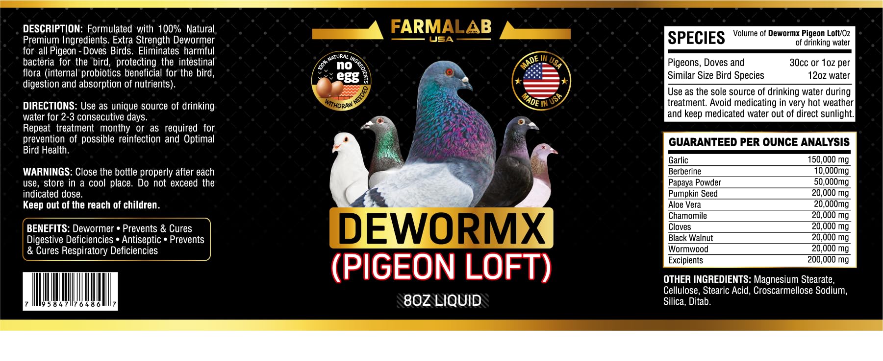 Farmalab Natural Dewormer No Withdraw Hens, Ducks, Roosters, Turkeys, Goose, Parakeets, Cockatiels, Lovebirds, Finches, Quakers,
