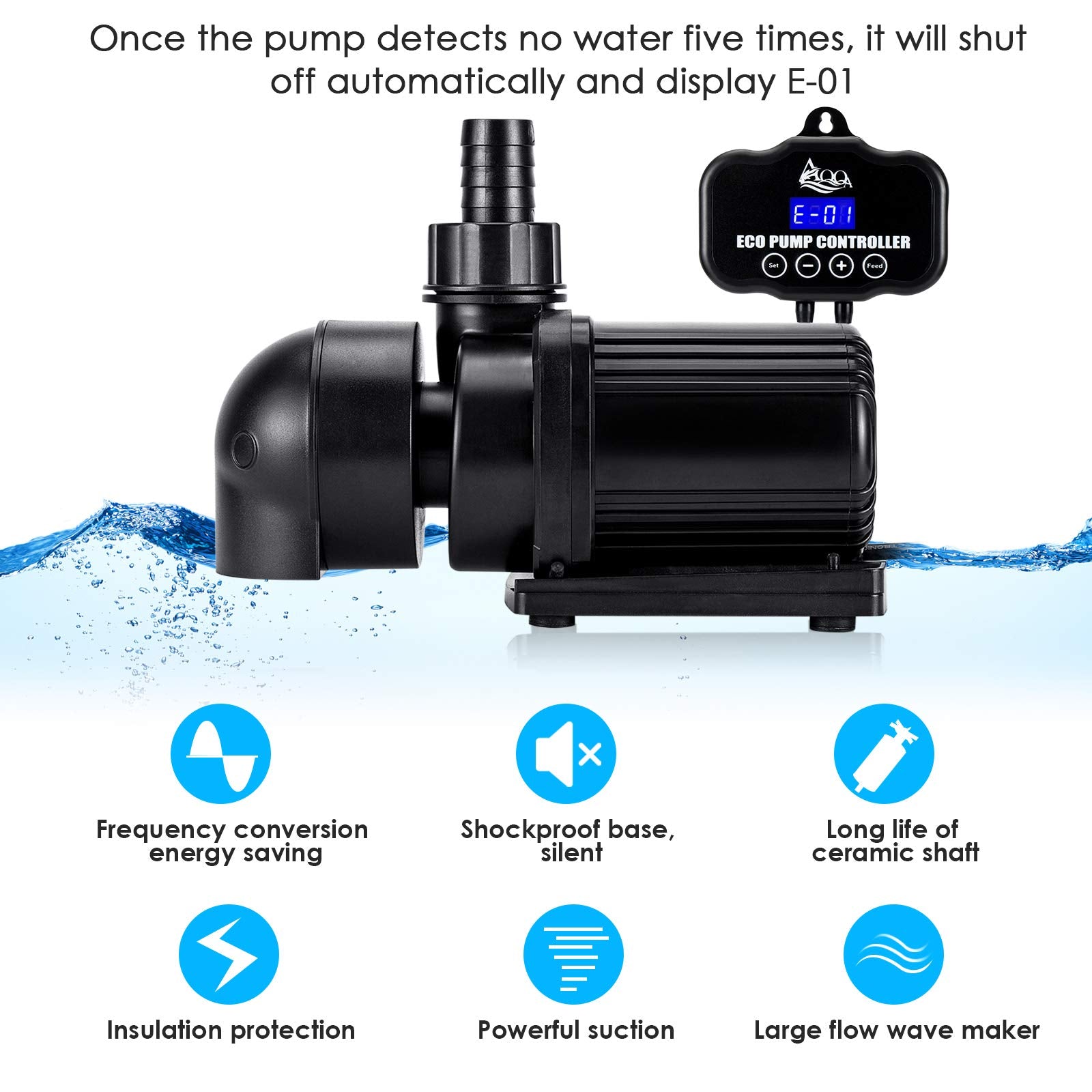 AQQA 800-3200GPH Controllable Water Pump - Multifunction Submersible Pump, 45W, Black, Model AQ006 for Saltwater & Freshwater