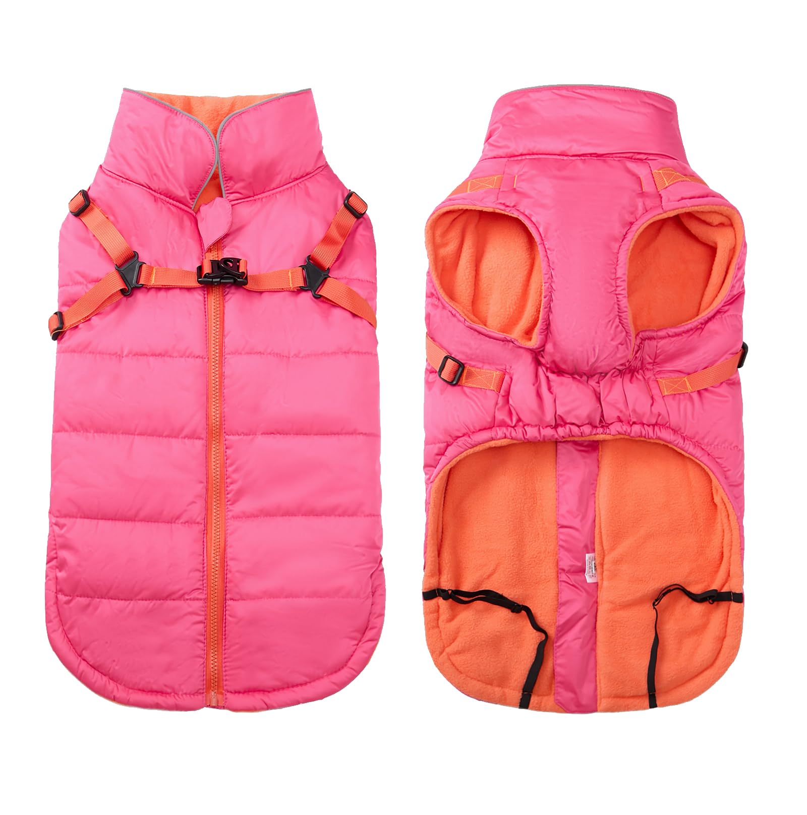 Geyecete Winter Warm Coat Waterproof Dog Winter Jacket with Harness Traction Belt,Windproof Pet Outdoor Jacket-Pink-XL