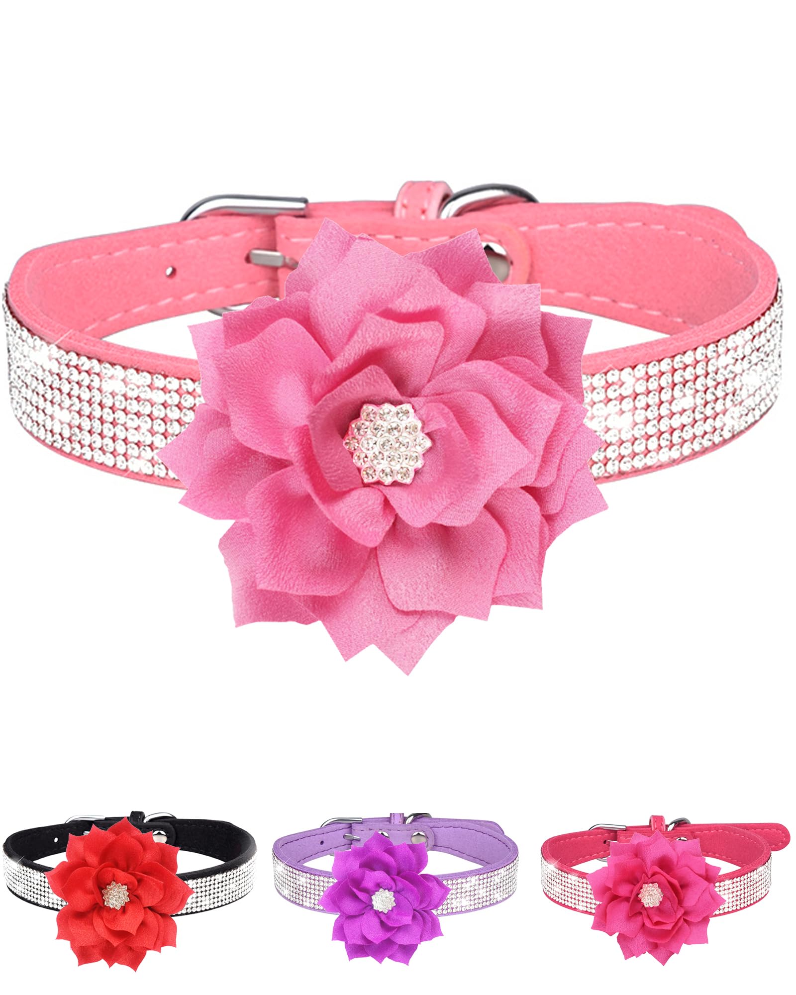 Jufoo Rhinestone Dog Collar for Small Medium Dogs Pink Small Dog Collar for Girl Female Dogs Flower Puppy Collar for Summer Spri
