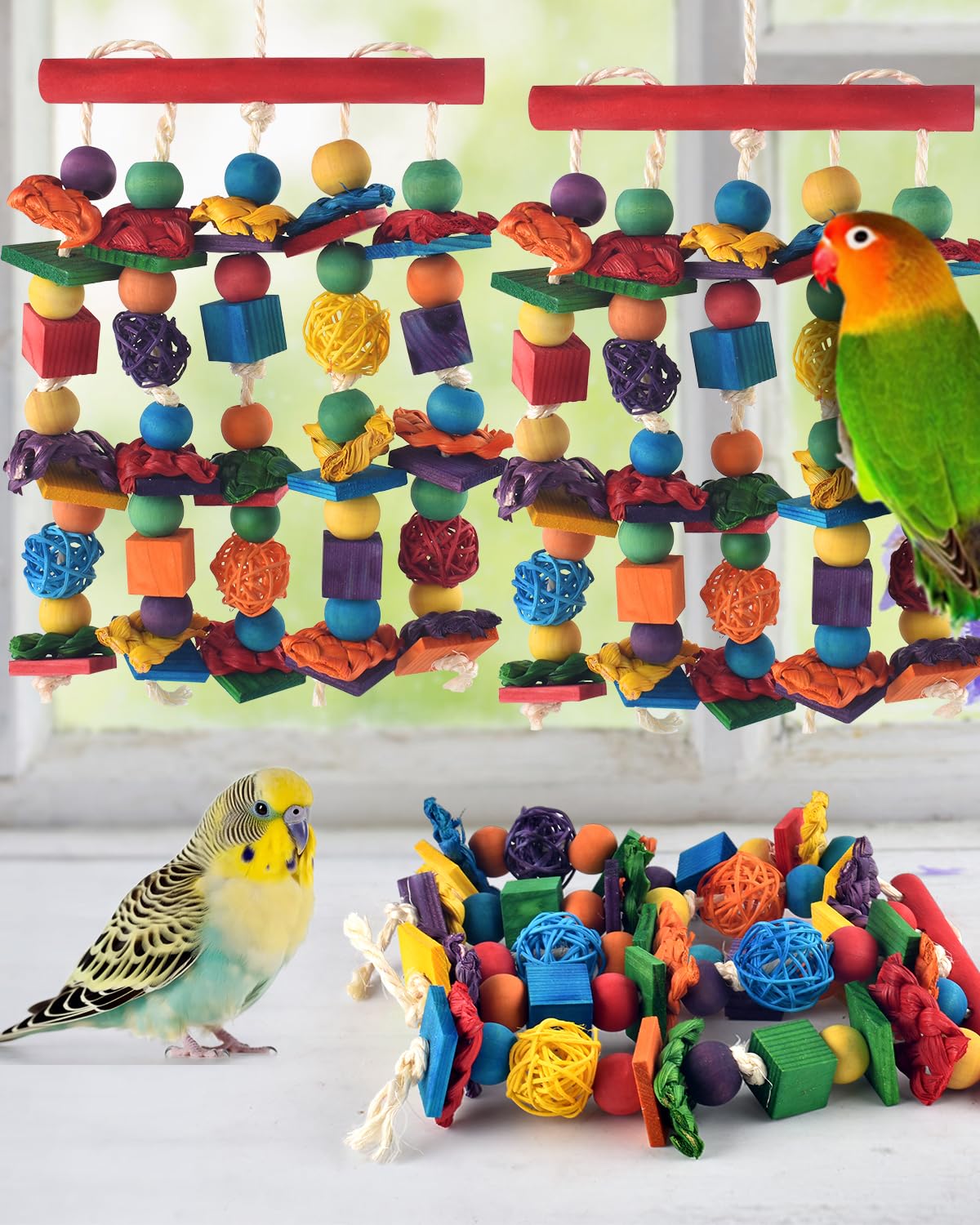 Dbness Bird Toys, 3Pcs Parrot Foraging Hanging Toy, Multicolored Natural Wooden Blocks Parakeet Chewing Toys Mit Rattan Wicker B