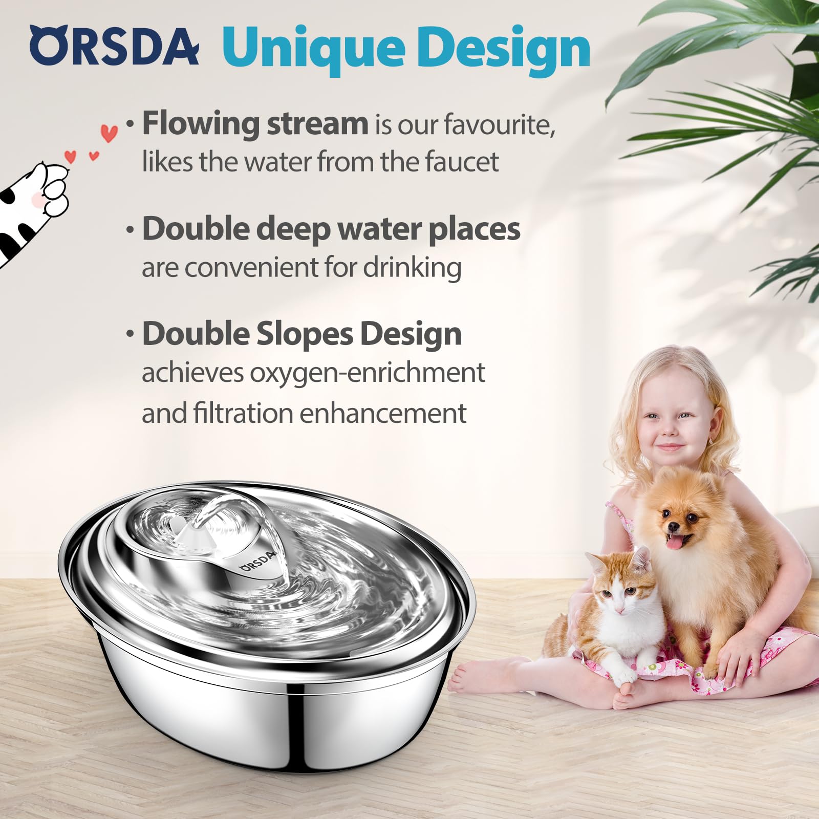 Orsda Cat Water Fountain Stainless Steel, 2L Pet Fountain For Cats Inside, Dog Water Dispenser, Automatic Cat Drinking Fountains With 6 Replacement Filters For Cats, Small Dogs