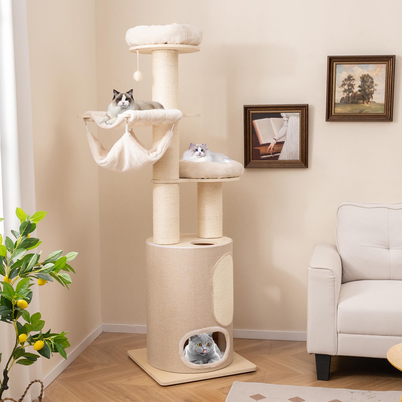 Tangkula Cat Tree Tower, 74 Inch Multi-Level Tall Cat Tower With Sisal Scratching Posts, 2-Story Cat Condo, 2 Hammocks, 2 Perche
