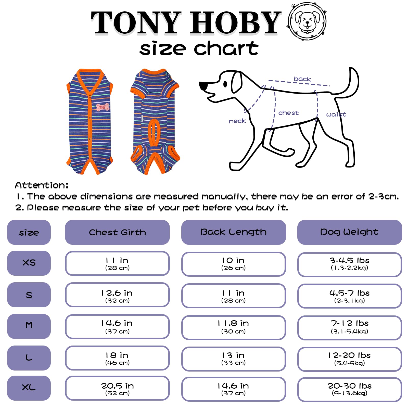 Tony Hoby Dog Jumpsuit Pajamas With Thermal For Small Medium Dogs (Navy Blue, Boy, S)