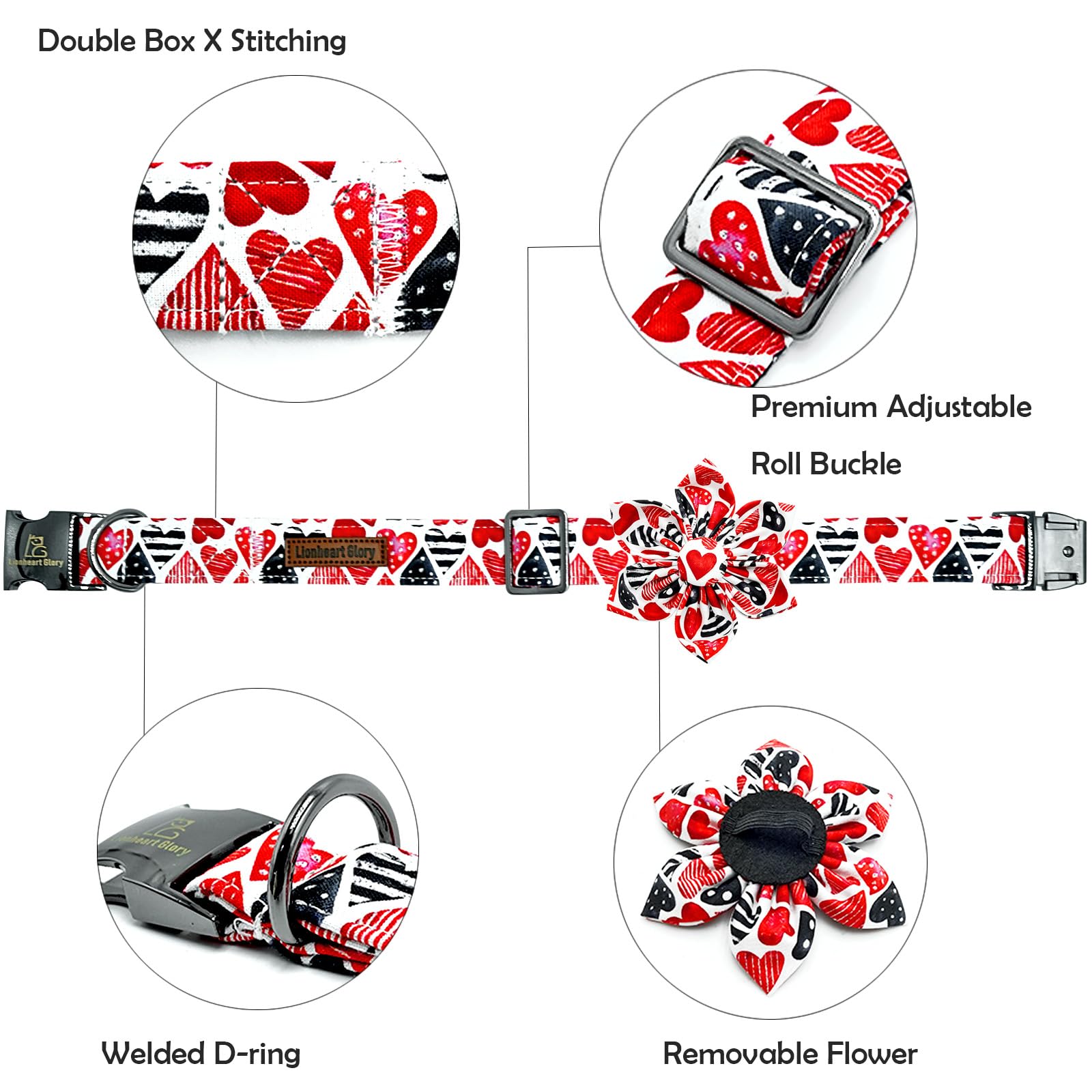 Lionheart Glory Valentine'S Day Dog Collar-Red Hearts Print Dog Collar With Flower For Large Dogs Spring Pink Cute Dog Bow Colla