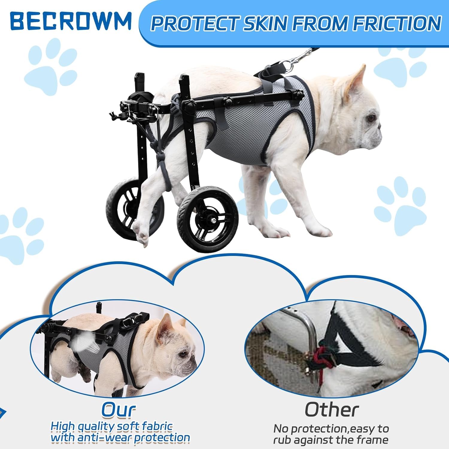 BECROWM Small Dog Wheelchair for Back Legs, Light Weight Dog&Cat&Pets Wheelchair Cart with Disabled Hind Legs Walking, Adjustabl