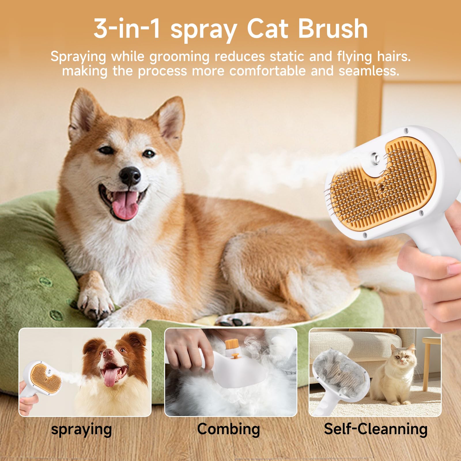 VVWVVW Pet Steam Brush for Dog & Cat - 3-in-1 Spray Hair Removal Comb - Steam for Shedding & Grooming - Water Brush for Long & S