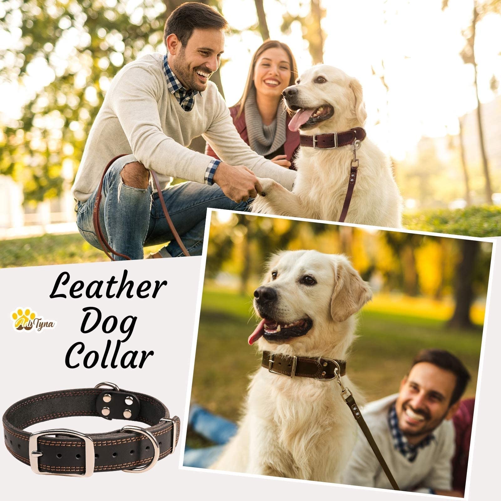 Adityna Heavy Duty Leather Dog Collar For Large Dogs - Black Large Dog Collar - Soft And Strong, 100% Genuine Leather (Large, Black)