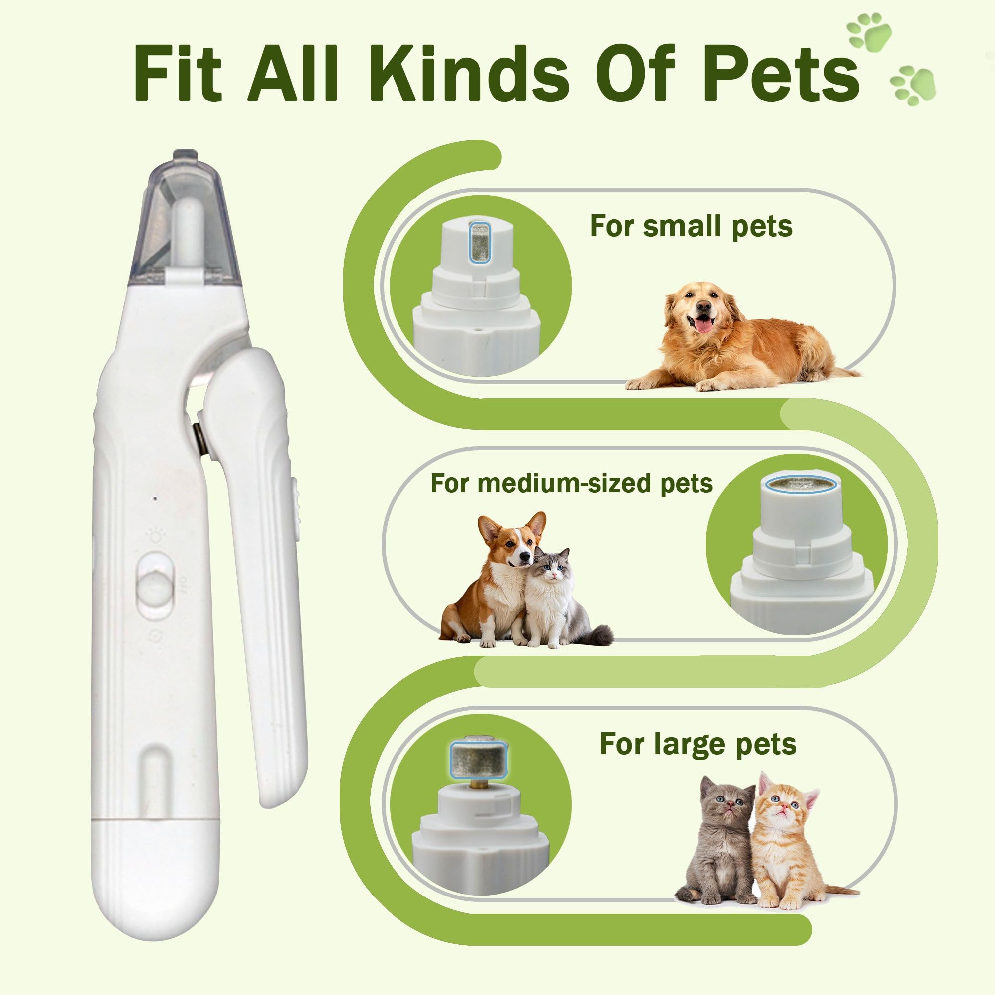 MUZMDNI 2-in-1 Dog Nail Grinder & Clippers for Large Medium Small Dogs, Green, Model CWZJD-LS with LED Lights