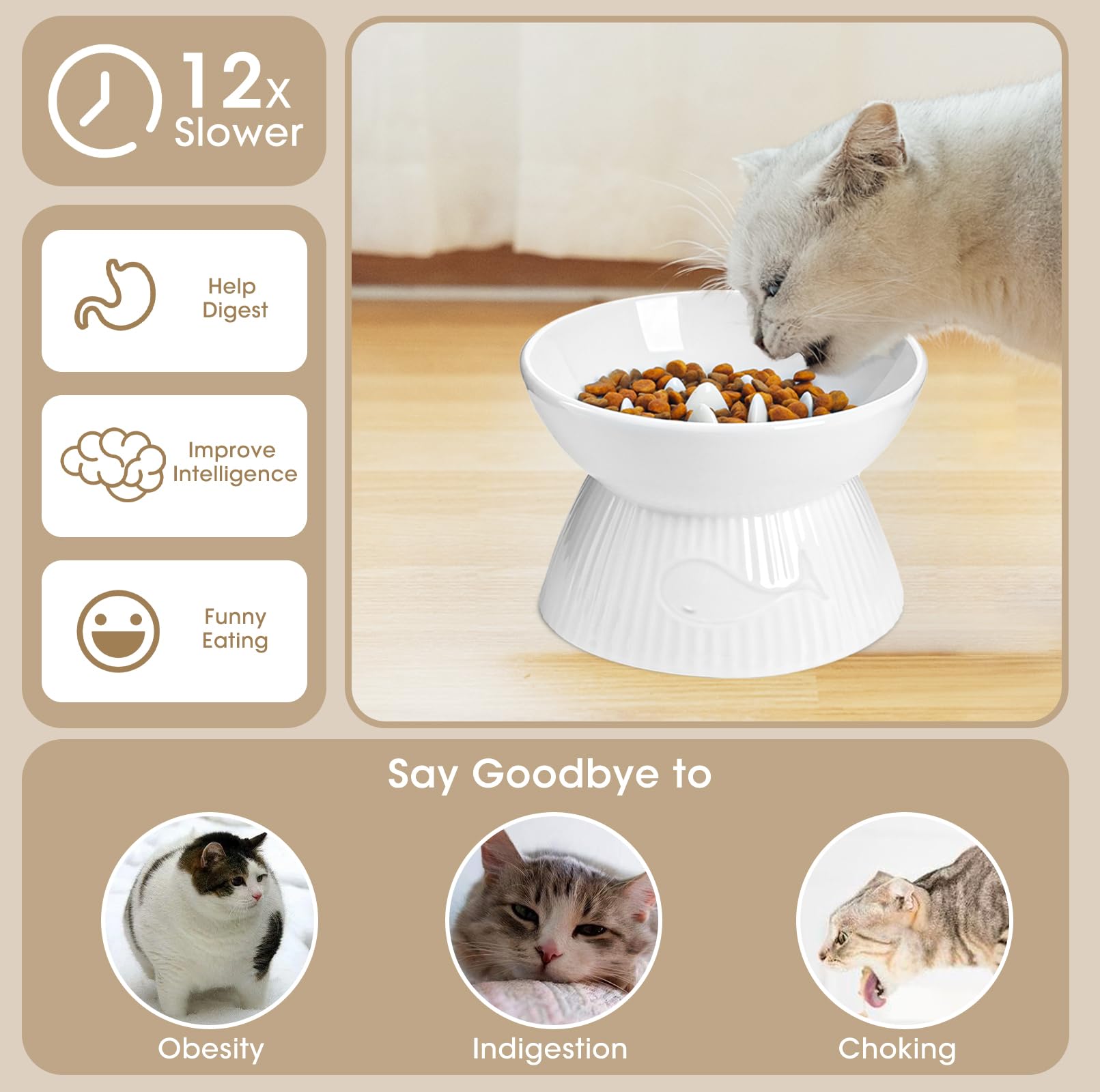 Kopmath Raised Cat Slow Feeder, Ceramic Slow Feeder Cat Bowl, Upgraded Ridges to Prevent Vomiting and Indigestion, No Spill High