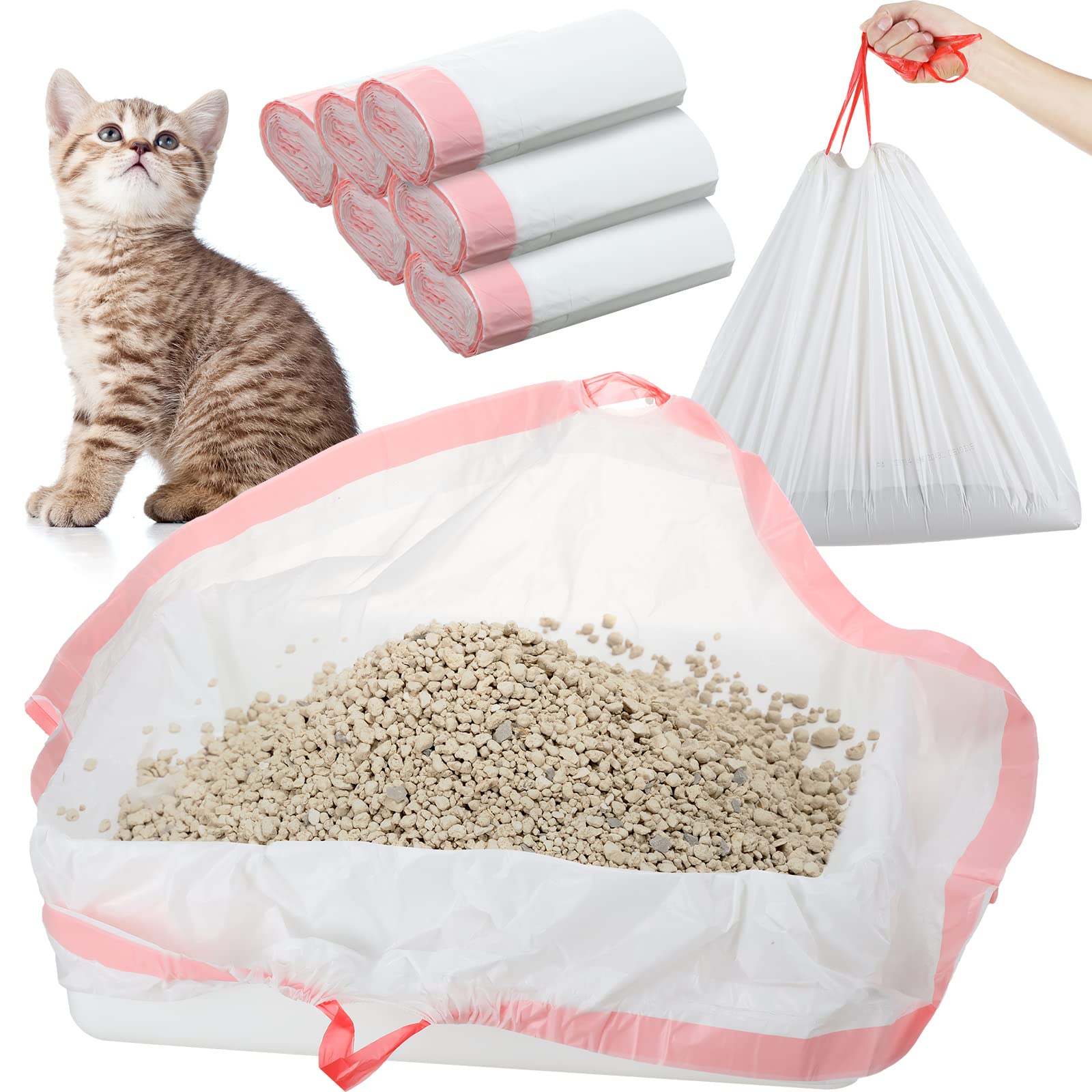 Thenshop 60 Count Litter Box Liners 36'' X 18'' Jumbo Cat Pan Bags Drawstring Cat Supplies Extra Large Disposable Cat Litter Bags Cat Box Liners For Trash Waste Litter Box Tidy (Pink)