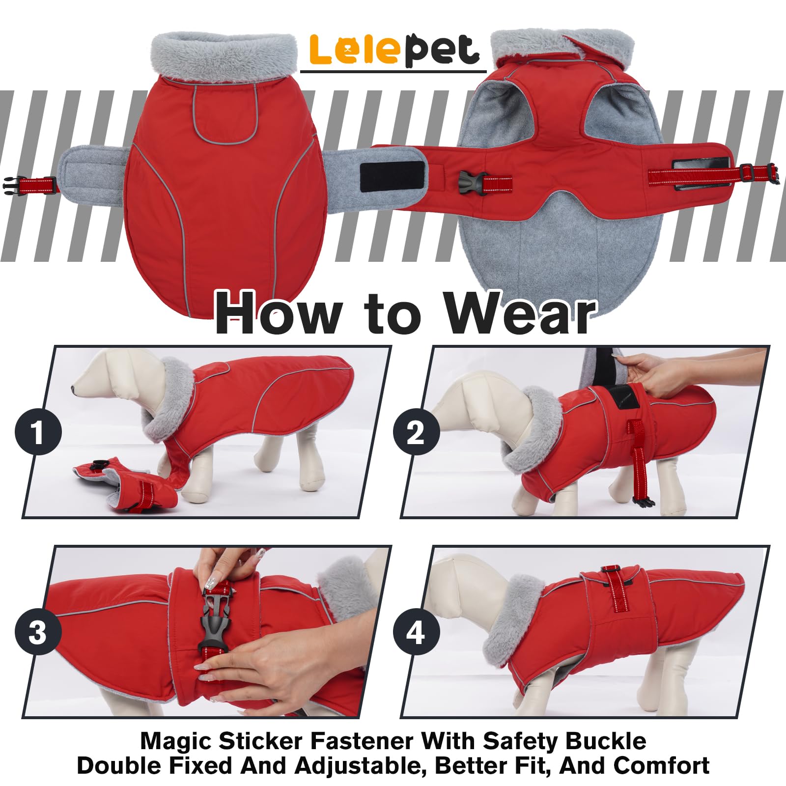 LeLePet Warm Dog Coat - Reflective Fleece Vest, Waterproof, Windproof, Size M, Red