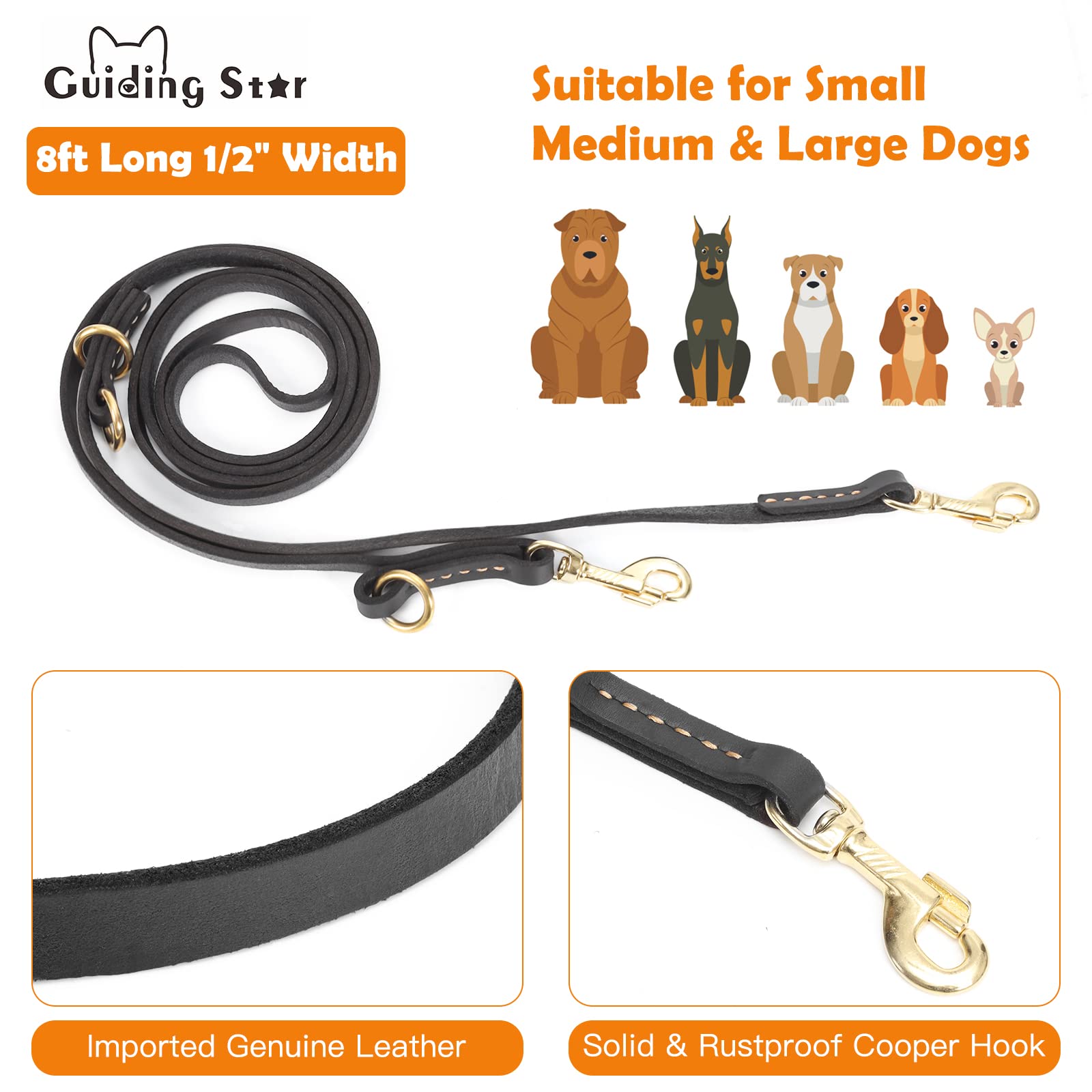 Guiding Star 8ft Leather Dog Leash - Multi-function Hands-Free Crossbody Leash for Small, Medium, Large Dogs - Black