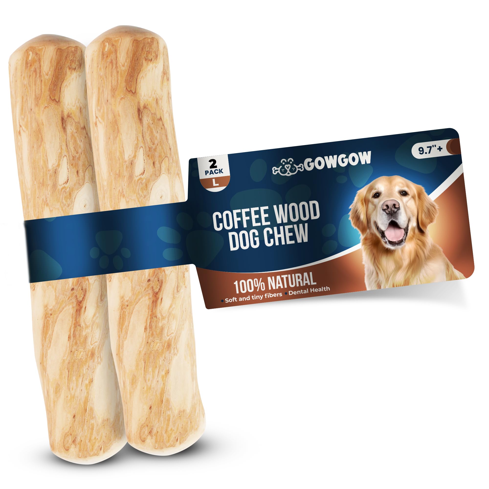 Gowgow Coffee Wood Dog Chew Stick For Regular Chewers, 9.7'', 2 Pack Size Large - 100% Natural Dog Toys - Teeth Cleaning & Relie