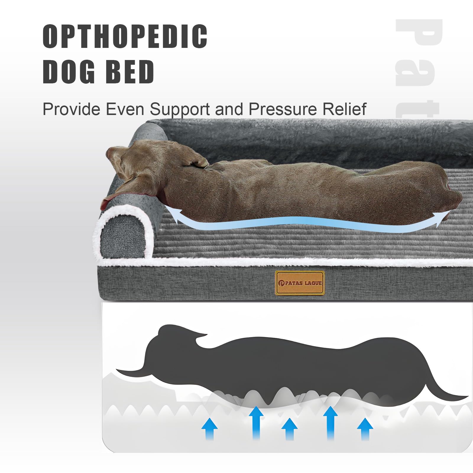 Patas Lague Orthopedic XL Dog Bed for Large Dogs 42 ' 'X28 ' ', Waterproof Comfortable L Shaped Big Large Non-Slip Soft Warm Pet