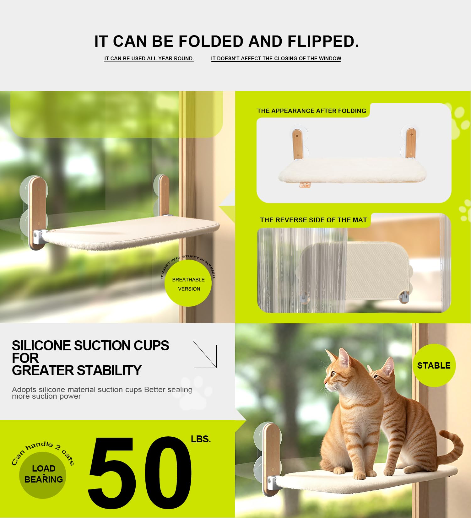 Cat Window Perch Foldable, Strong Suction Cup Cat Window Hammock For Large Cats, Easy To Install & Breathable Washable Cover, Co