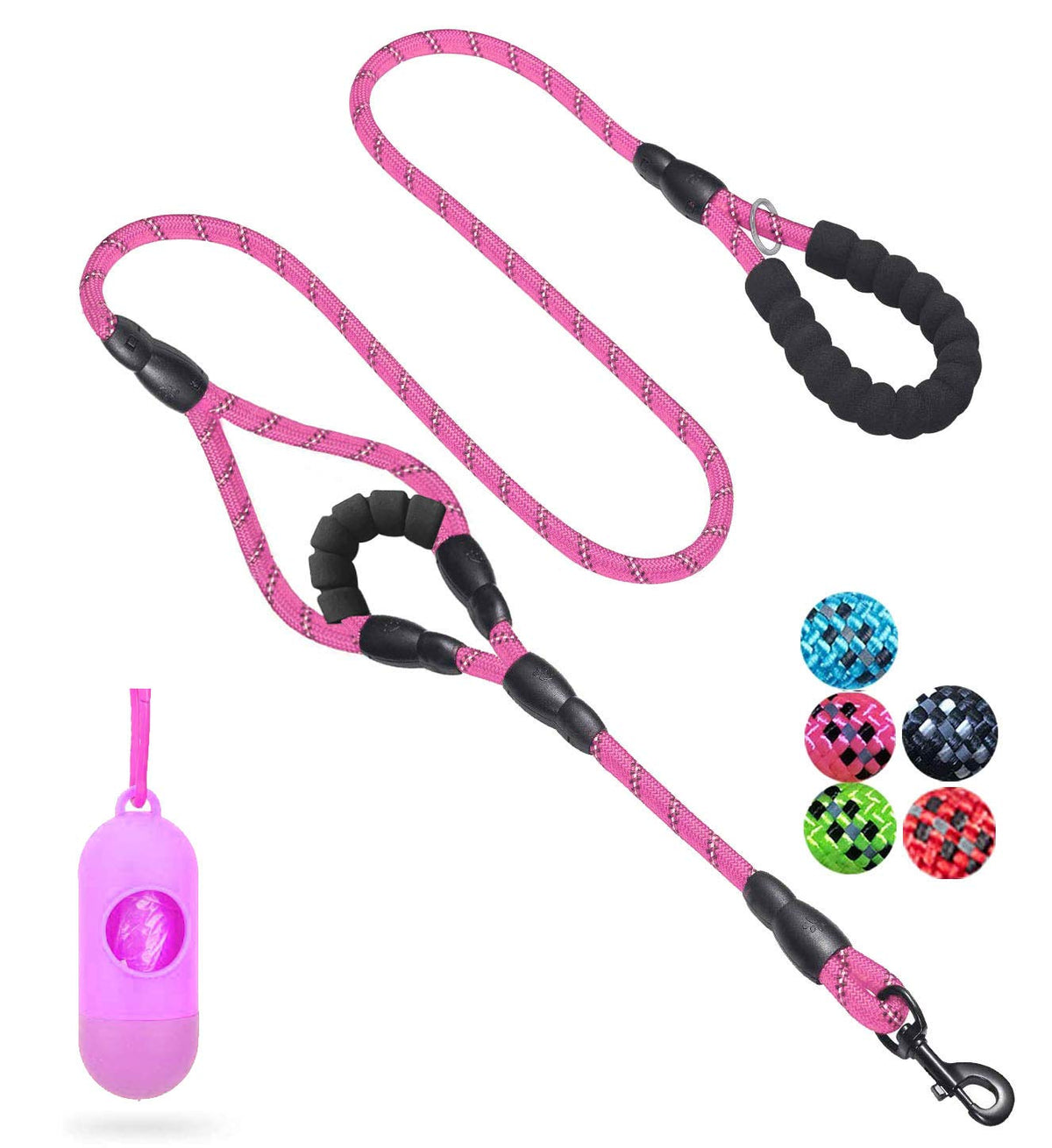 Jsxd Dog Leash,5 Ft Heavy Duty Double Handle Dog Leash With Comfortable Padded And Reflective,Rope Dog Leashes For Small,Medium,Large Dogs (Rope-Pink)