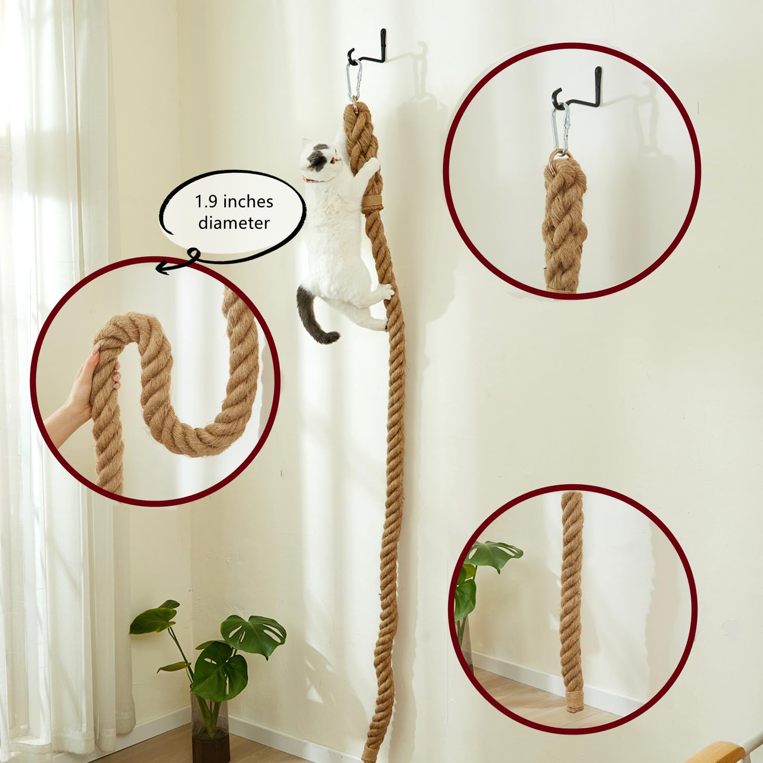 Shengocase 1.9'' X 6.56Ft Cat Climbing Jute Rope With Hook, Wall Mounted Furniture For Indoor And Outdoor Cat (6.56 Feet)