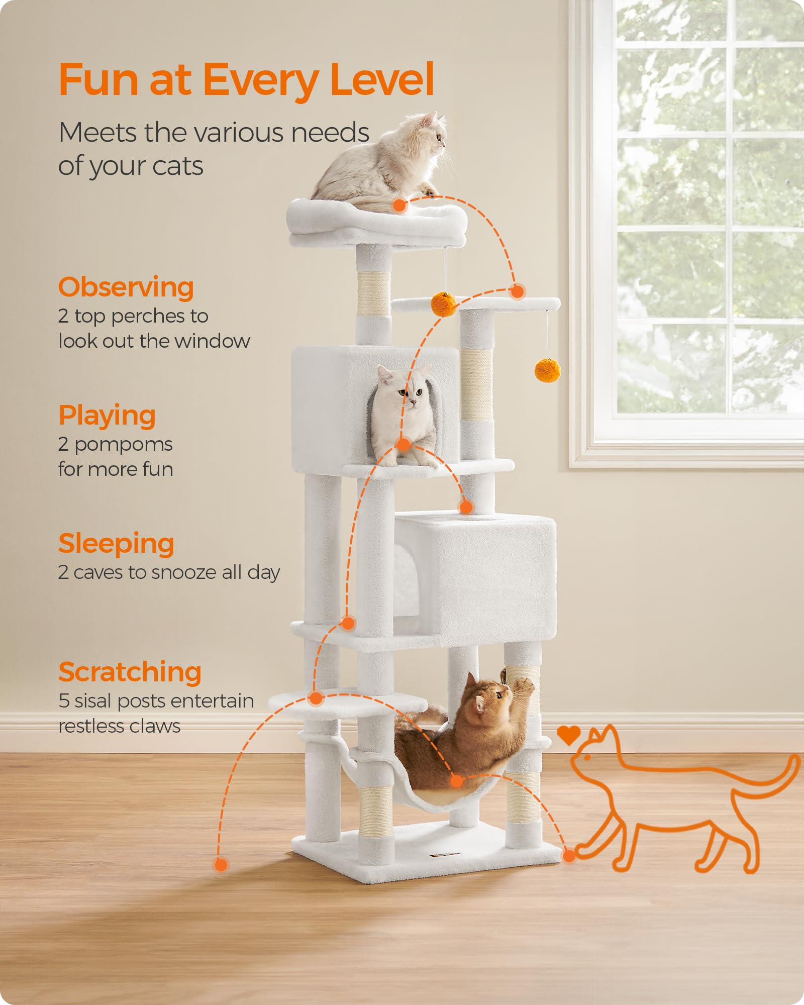 Feandrea Cat Tree, 61-Inch Cat Tower For Indoor Cats, Plush Multi-Level Cat Condo With 5 Scratching Posts, 2 Perches, 2 Caves, Hammock, 2 Pompoms, Cream White Upct192T01