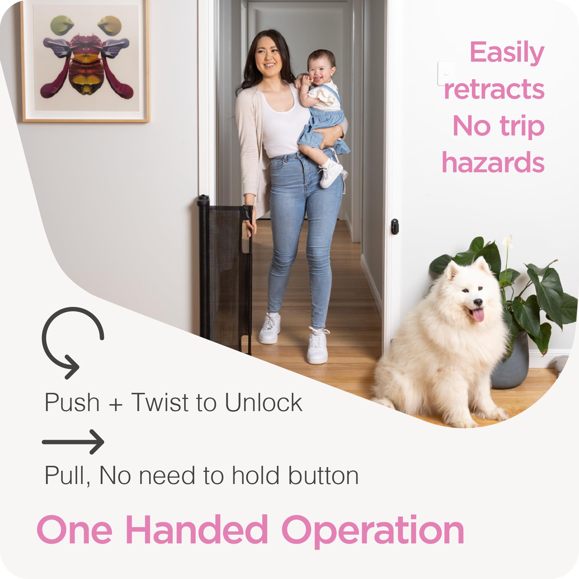 Retractable Baby Gate Perma Child Safety 33' Tall X 55” Wide, Mesh, For Stairs, Doorways, Dogs, Pets, Indoor, Outdoor, One-Handed Operation, Locking, Easy Install, Hardware Mount, Black
