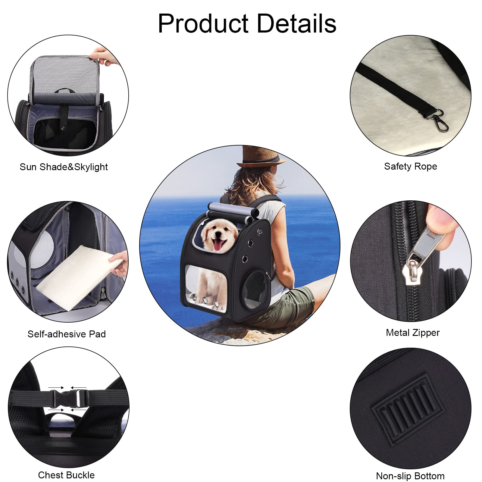 COVONO Cat Carrier Backpack, Expandable, Airline Approved, L (13.4"L x 10.2"W x 16.5"H), Black, Model EPC002-BLACK