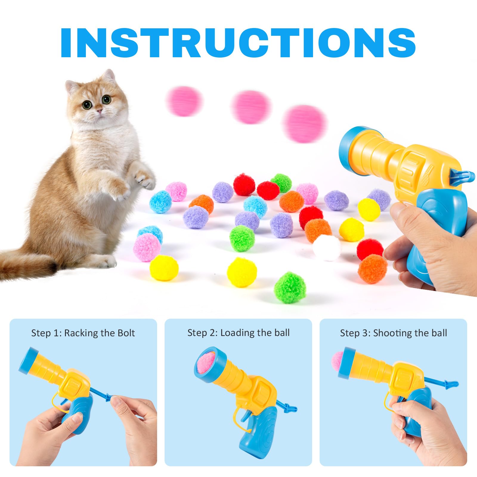 102Pcs Cat Toy Gun Launcher - 100 Sparkle Pom Pom Balls And 2 Ball Launchers, Interactive Fetch Toy Shooter For Indoor Cats And
