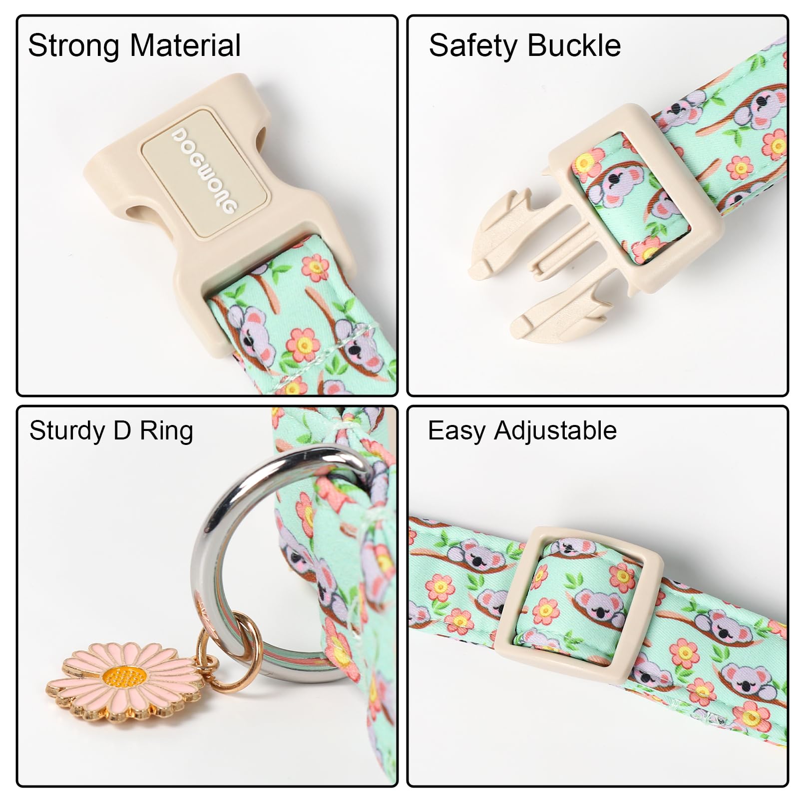 Dogwong Summer Koala Dog Collar, Green Pink Flower Dog Collars, Adjustable Cute Pet Collars Boy Girl Design Dog Collar For Small