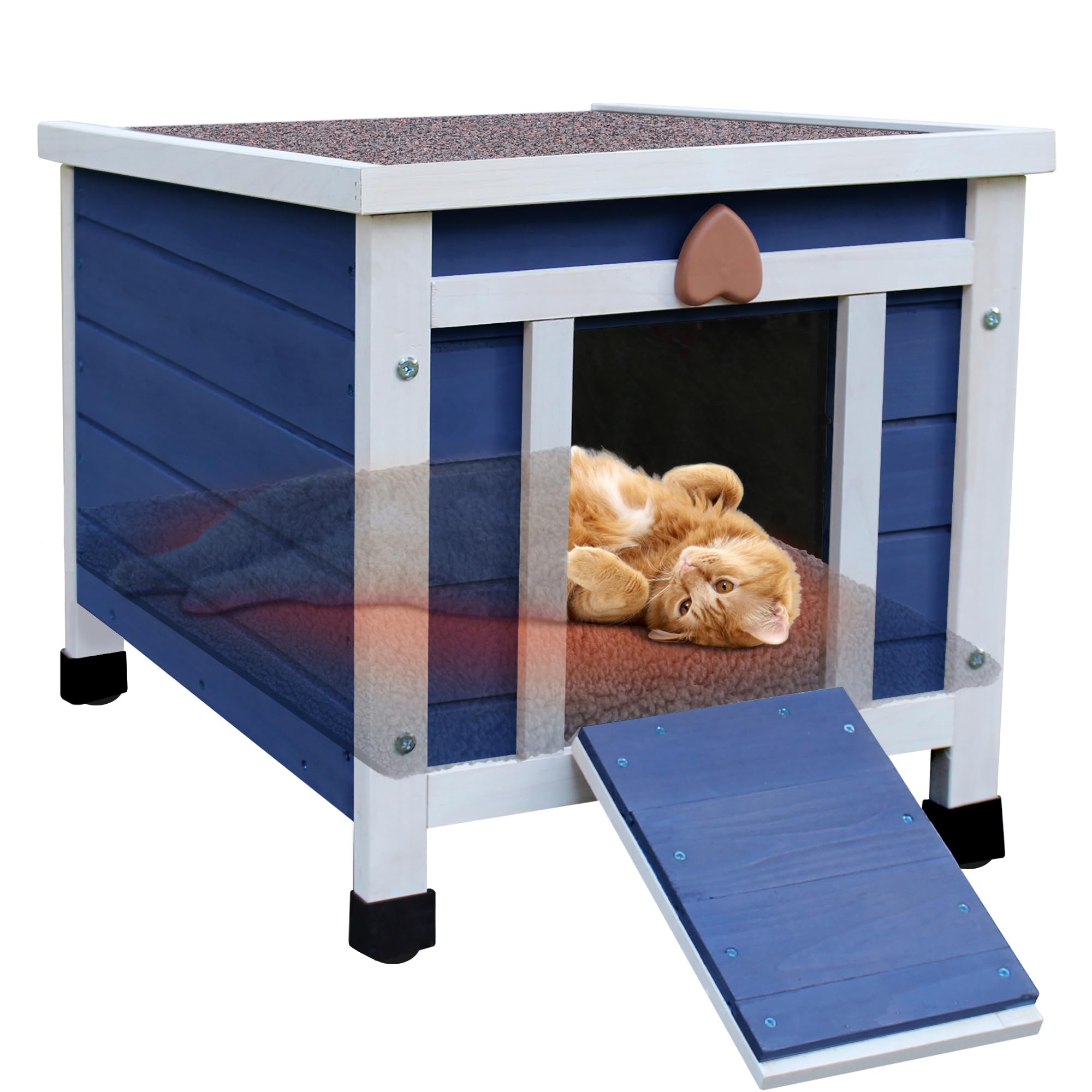 Deblue Outdoor Cat House With Self-Warming Mat, Weatherproof Cat House For Feral Cat, Cat Houses For Outdoor Cats (Blue House Wi