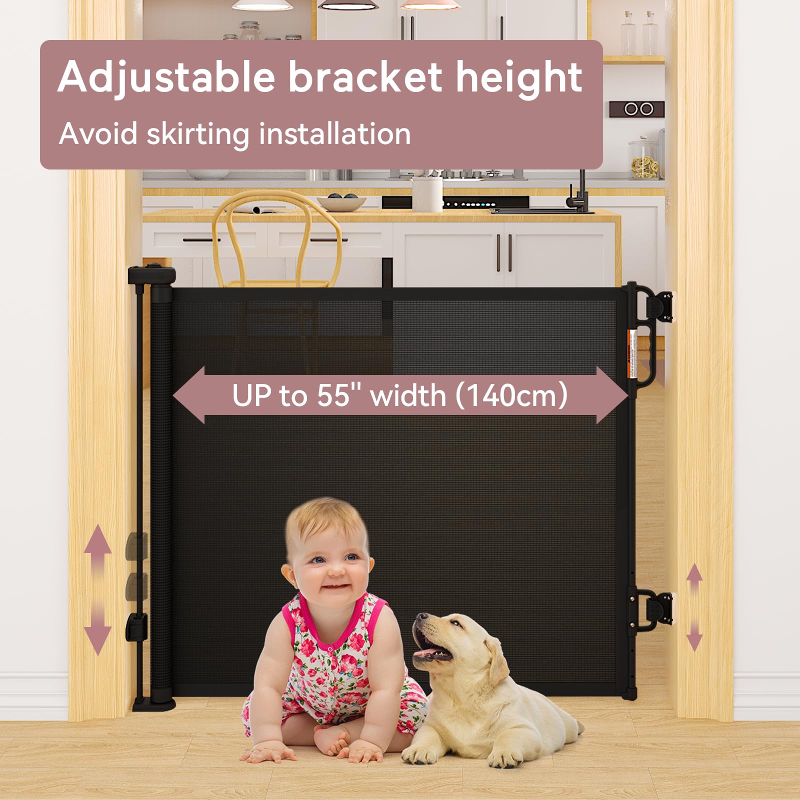 Retractable Baby Gate, Momcozy Mesh Baby Gate or Mesh Dog Gate, 33 Tall,Extends up to 55 Wide, Child Safety Gate for Doorways, S