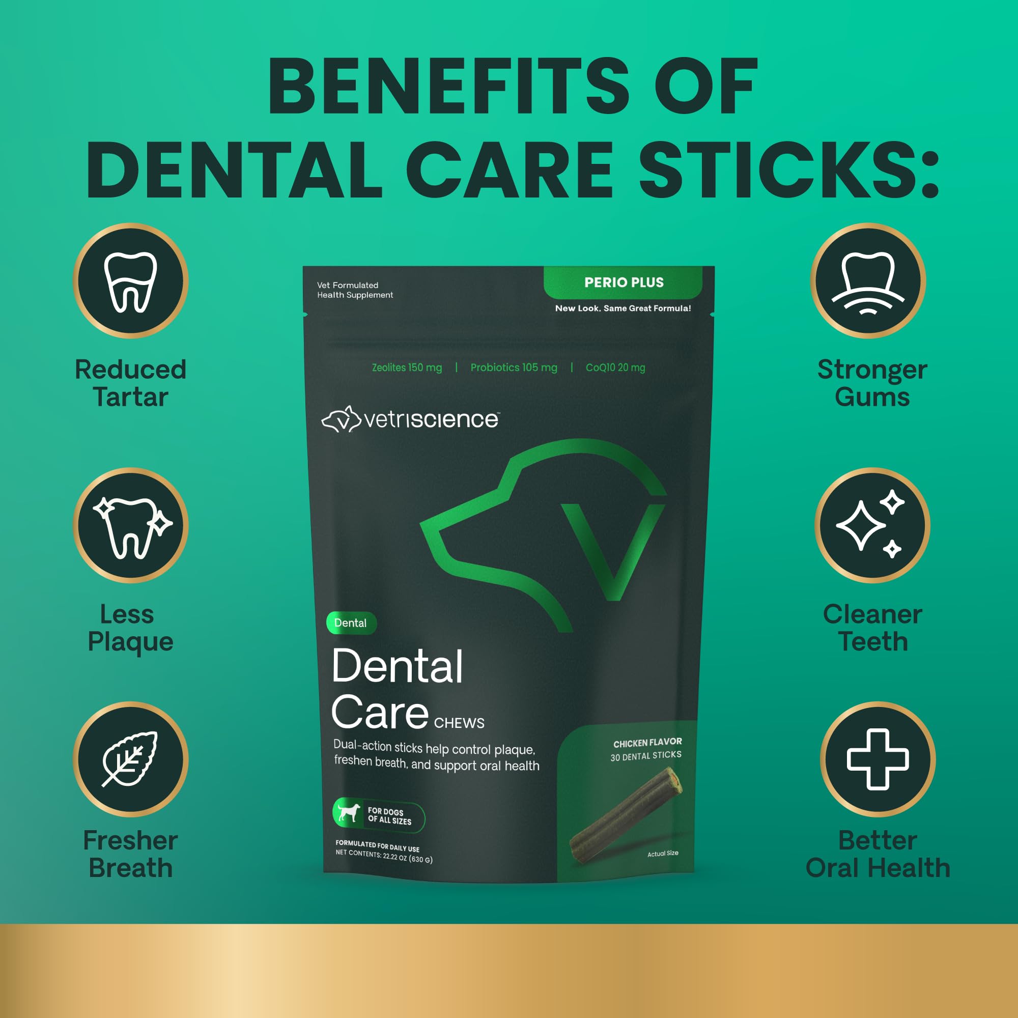 VetriScience Healthy Mouth Dental Chews, Perio Plus Sticks for Dogs, with Probiotics, Spirulina & Zeolites, Breath Freshening, P