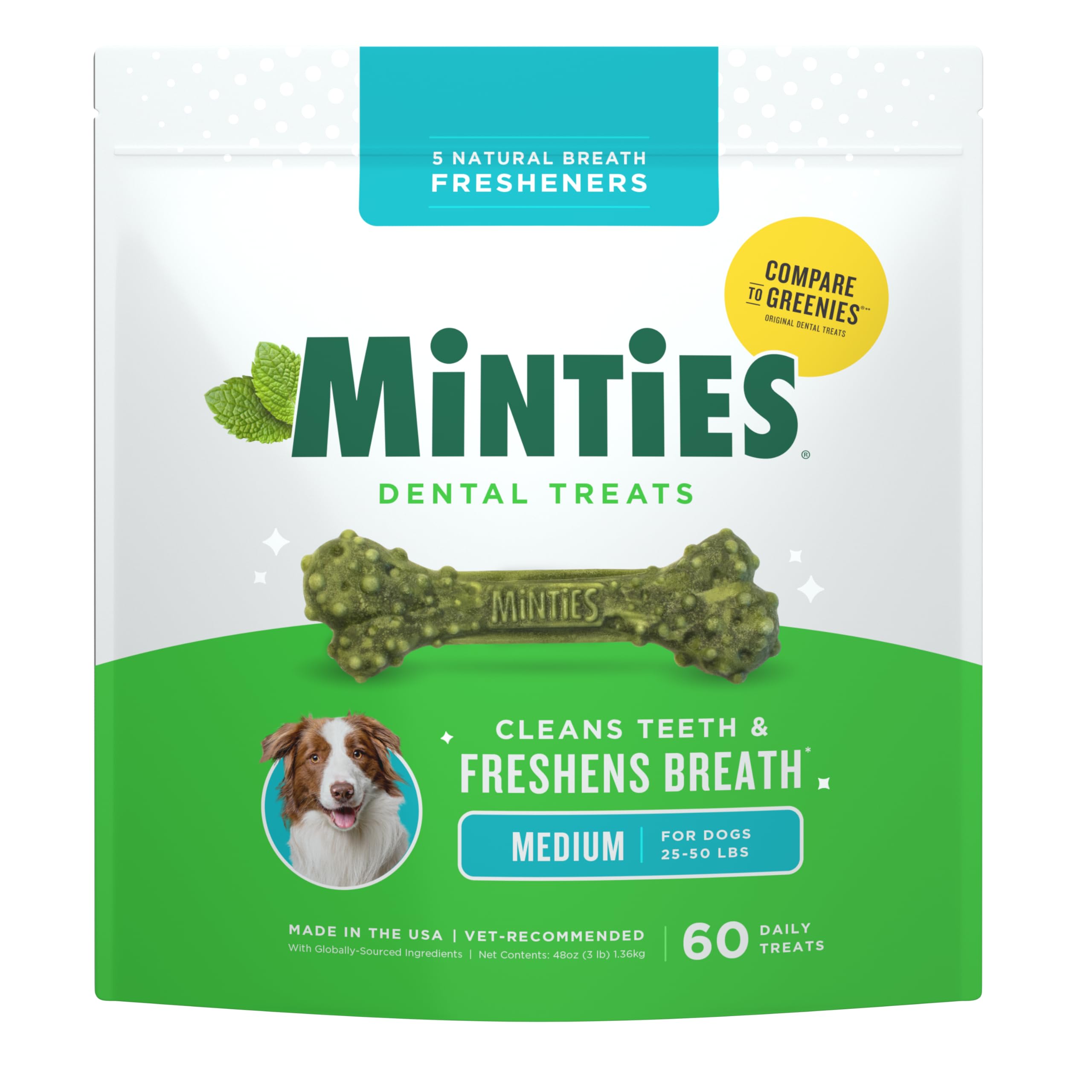 Minties Dental Chews for Dogs, 60 Count, Vet-Recommended Mint-Flavored Treats for Medium Dogs 25-50 lbs, Bones Clean Teeth, Figh