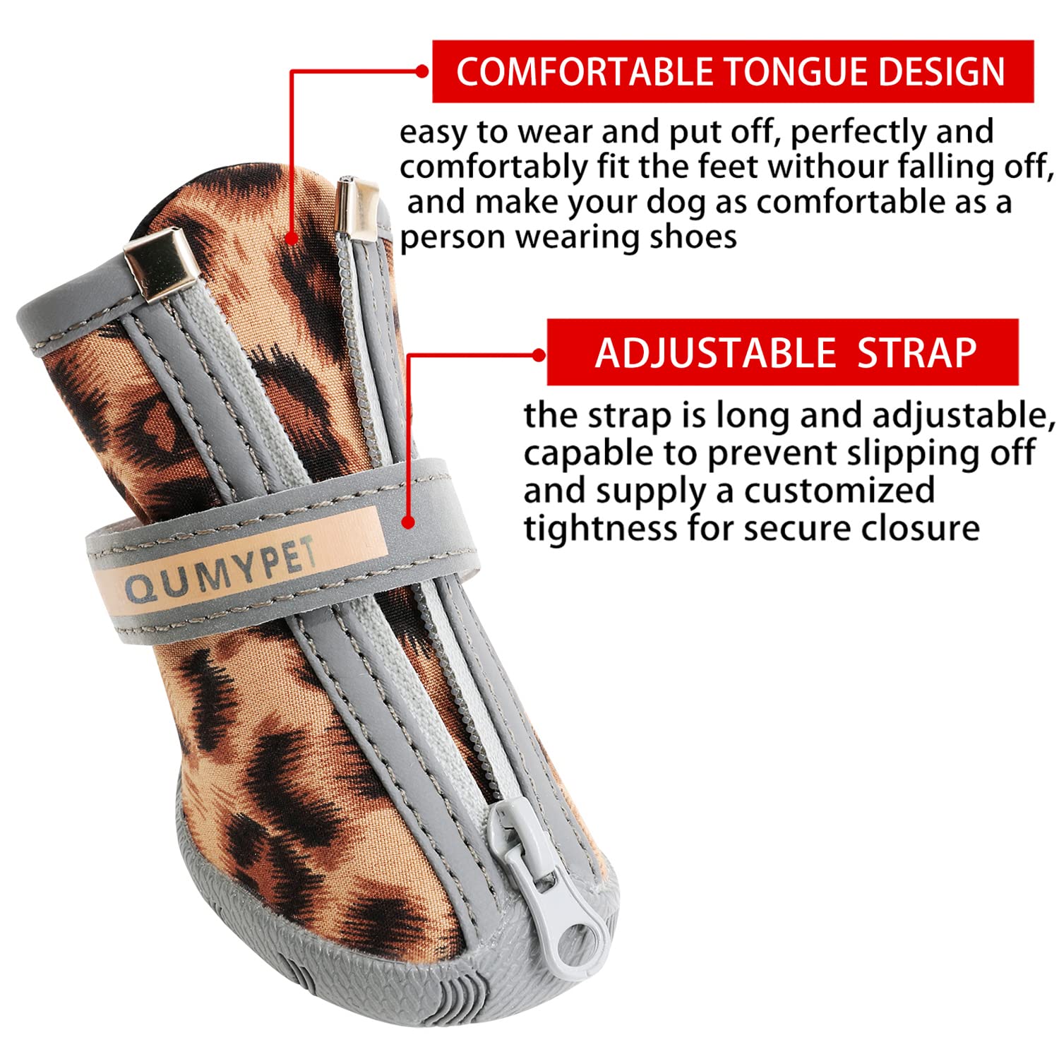 Qumy Dog Shoes For Small Dog, Puppy Dog Boots & Paw Protectors For Winter Snow Day, Summer Hot Pavement, Waterproof In Rain Weather, Ourdoor Hiking, Indoor Hardfloors With Non-Slip Sole Leopard Size 4