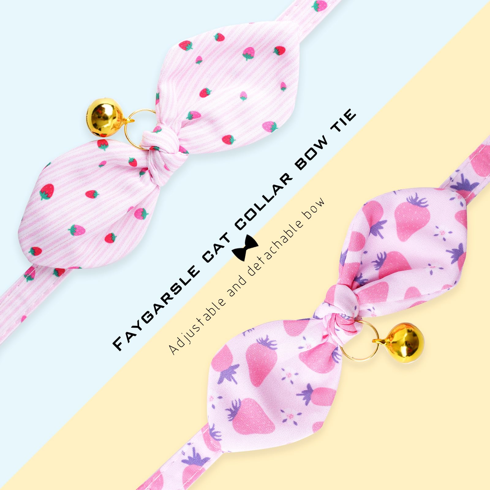 Faygarsle 2 Pack Breakaway Cute Cat Collars With Bow Ties Strawberry Pattern For Female And Male Cats Pink Cat Collar