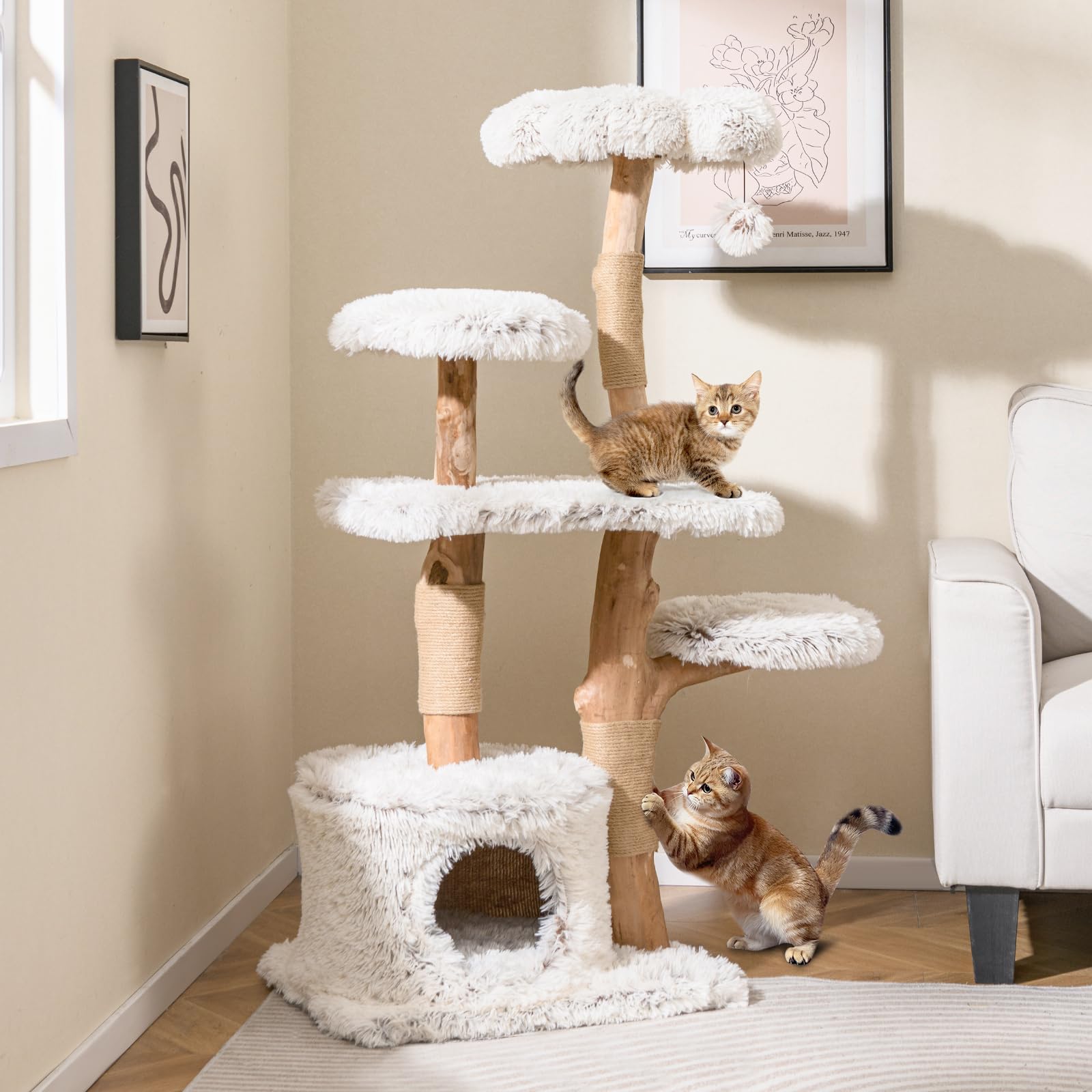 Tangkula Modern Cat Tree, 53 Inch Tall Natural Branch Wooden Cat Tower With Jute Scratching Posts, Plush Perch, Condo, Aesthetic