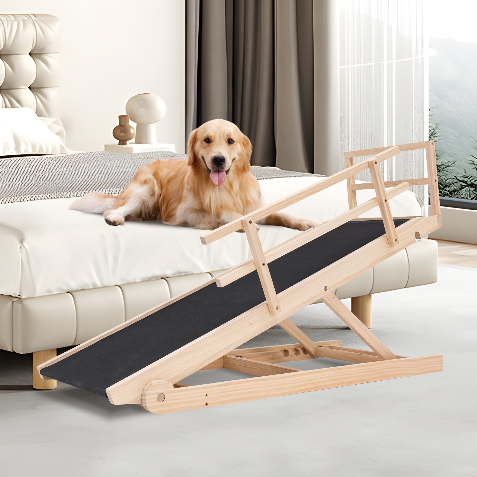 Folding Wooden Dog Ramp For Bed, Couch & Car,45In Long- 5 Level Adjustable Pet Ramp, Non-Slip Rubber Mat, 17.7'' Extra Wide - Su