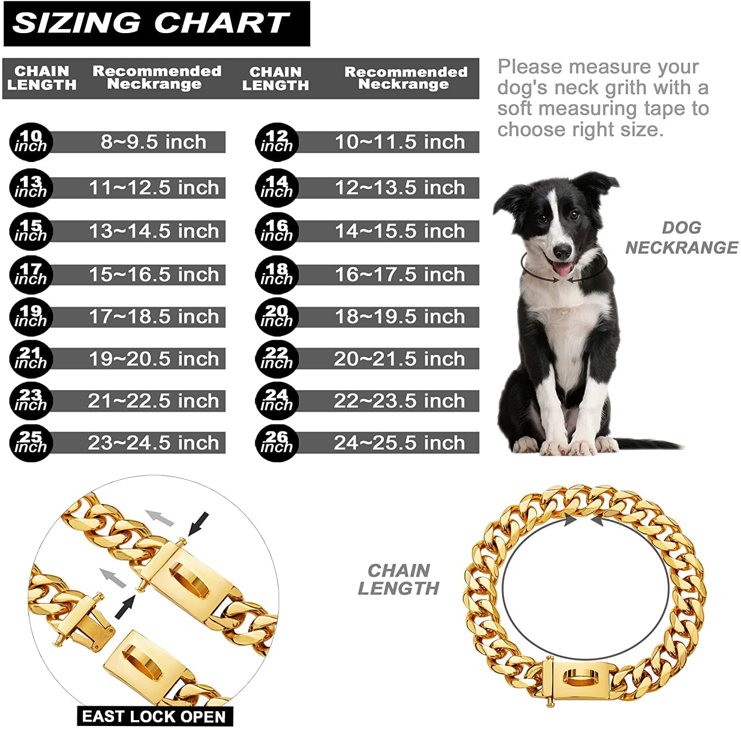 Gold Dog Chain Collar Walking Metal Chain Collar With Design Secure Buckle,18K Cuban Link Strong Heavy Duty Chew Proof For Mediu
