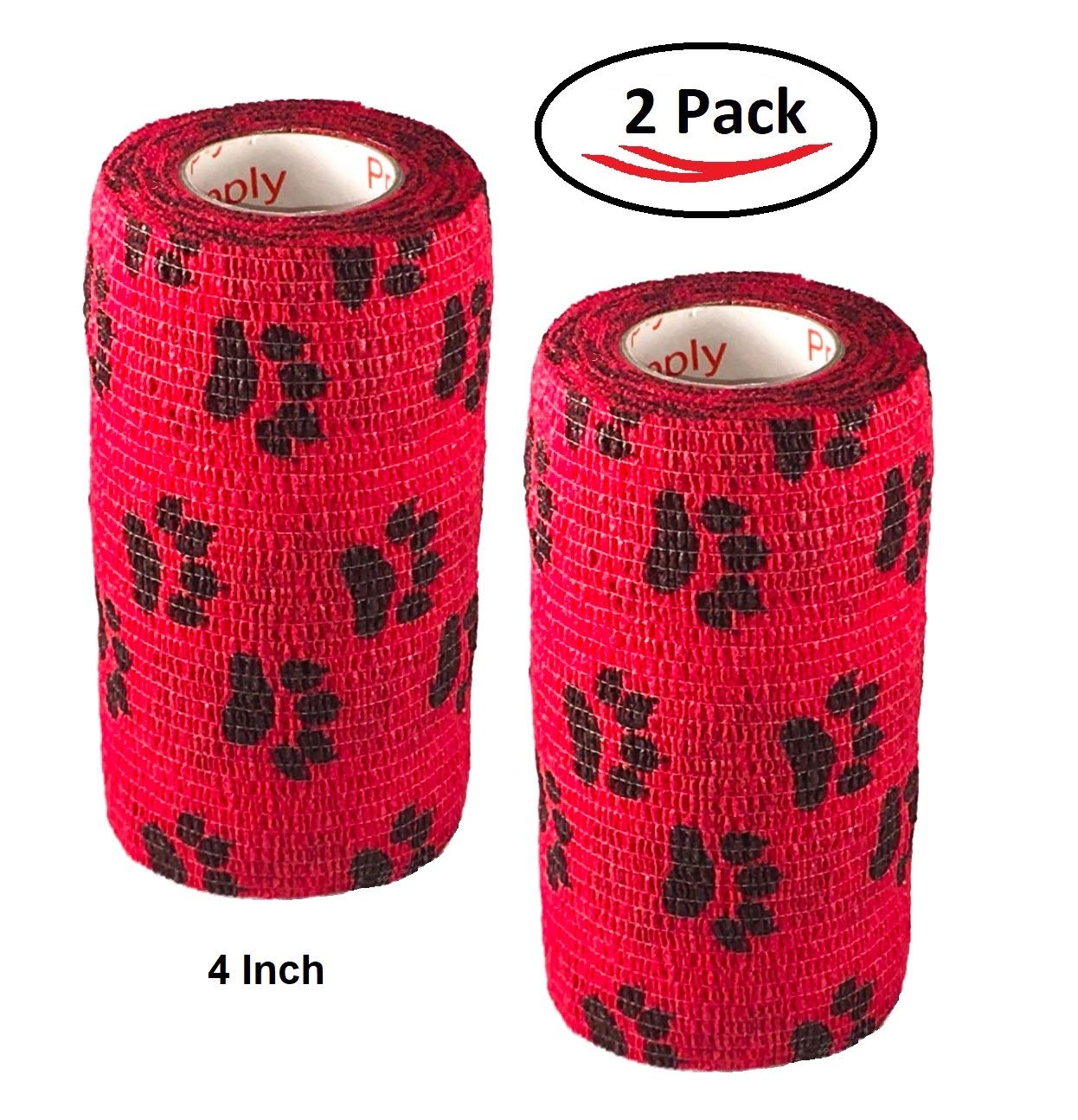 Vet Wrap Wrap Tape (Red with Paws) (2 Pack) (4 Inch x 15 feet) Self Adhesive Adherent Adhering Cohesive Flex Self Stick Bandage