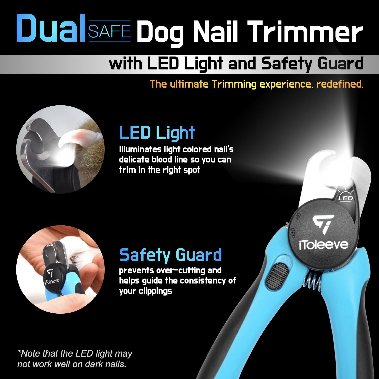 Itoleeve Led Dog Nail Clipper With Light, Illuminates Cat & Dog Nails Or Bloodline, Extra Sharp For Hard Claws, Dog Nail Trimmers With Quick Sensor And Safety Guard, Avoid Over-Cutting Toenail