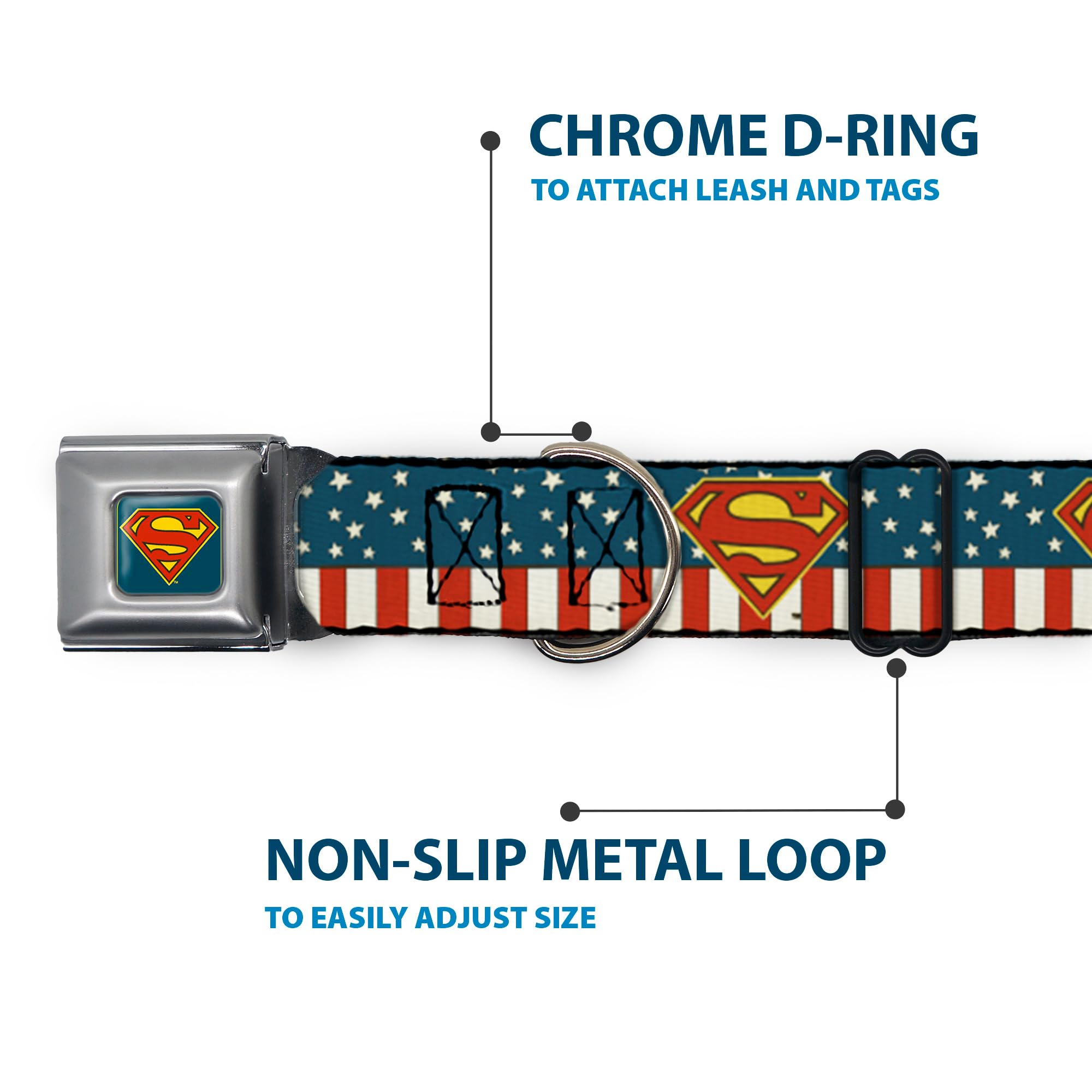Buckle-Down Seatbelt Buckle Dog Collar - Superman Shield Americana Red/White/Blue/Yellow - 1' Wide - Fits 9-15' Neck - Small