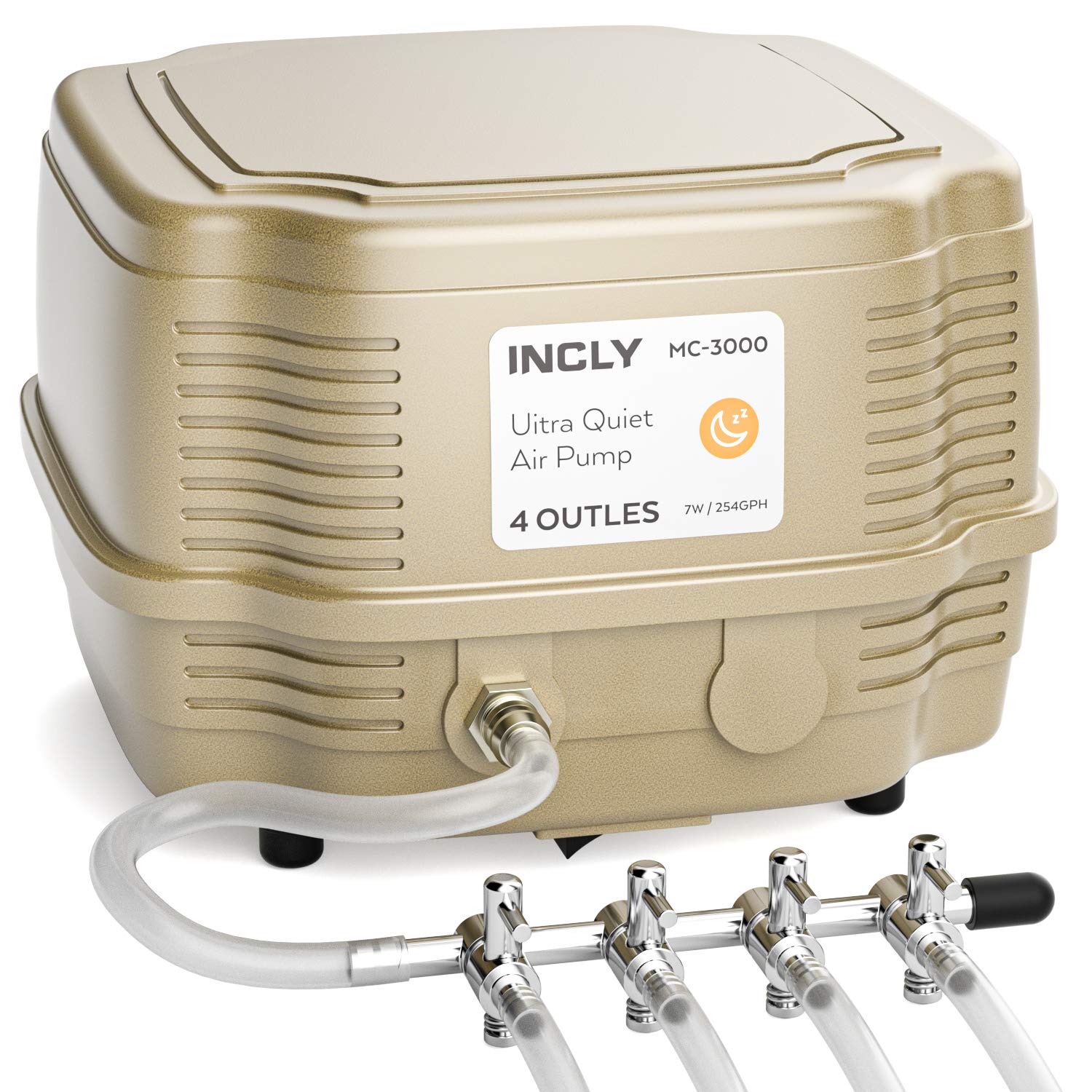 Incly 7W Aquarium Air Pump 245 Gallon With 4 Adjustable Filter Outlet, Commercial & Quiet Water Hydroponics Oxygen Bubbler For Fish Tank Pond Air Stone