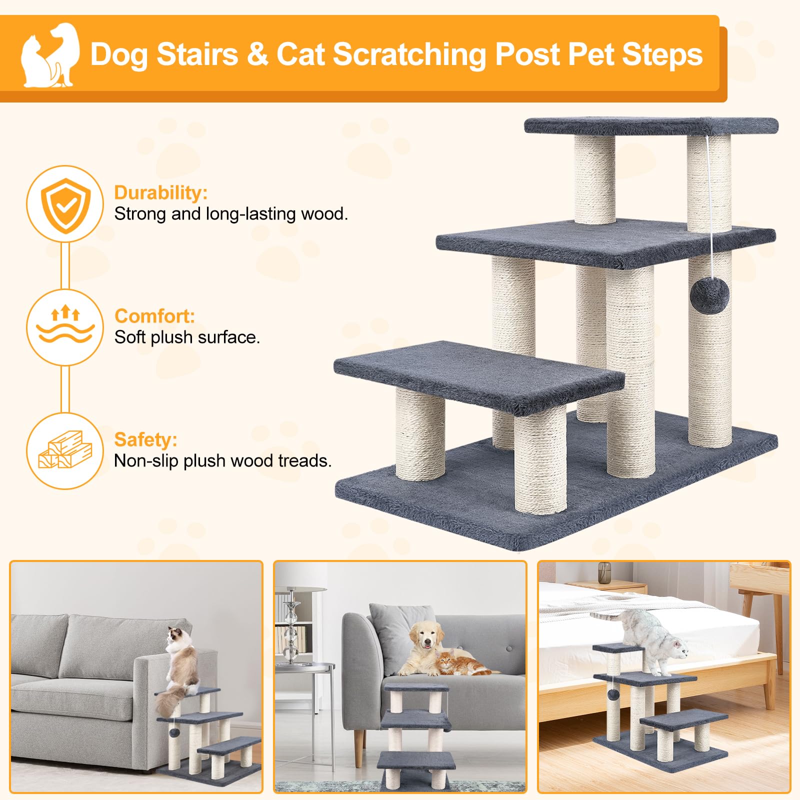 Socater Dog Stairs, Cat Scratching Post 3 Steps Stairs For Cats And Dogs, Stable 20 Inch Pet Stairs For High Beds & Sofas Protec