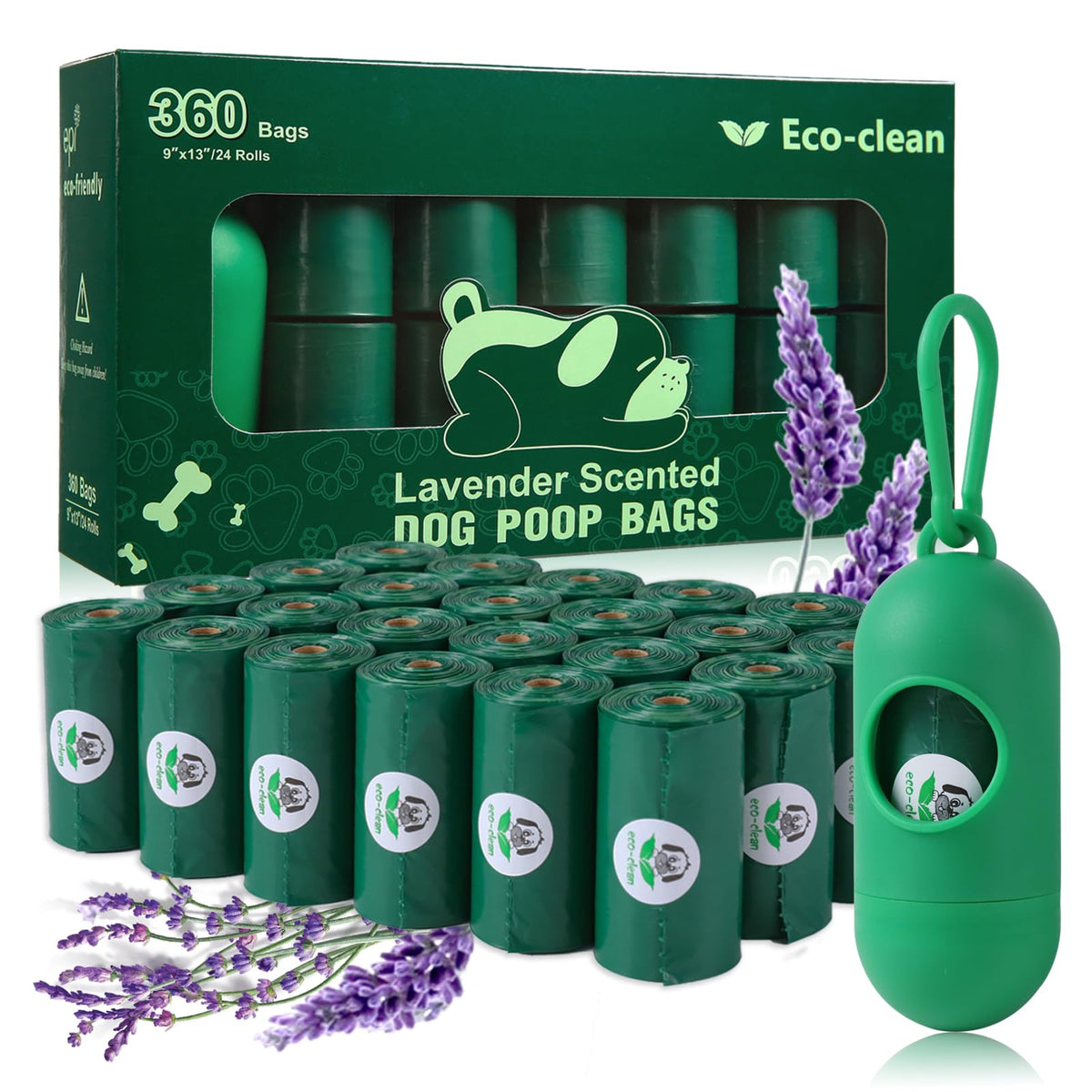 ECO-CLEAN 360 Count Dog Poop Bags with Dispenser, Leak-Proof, Lavender scented