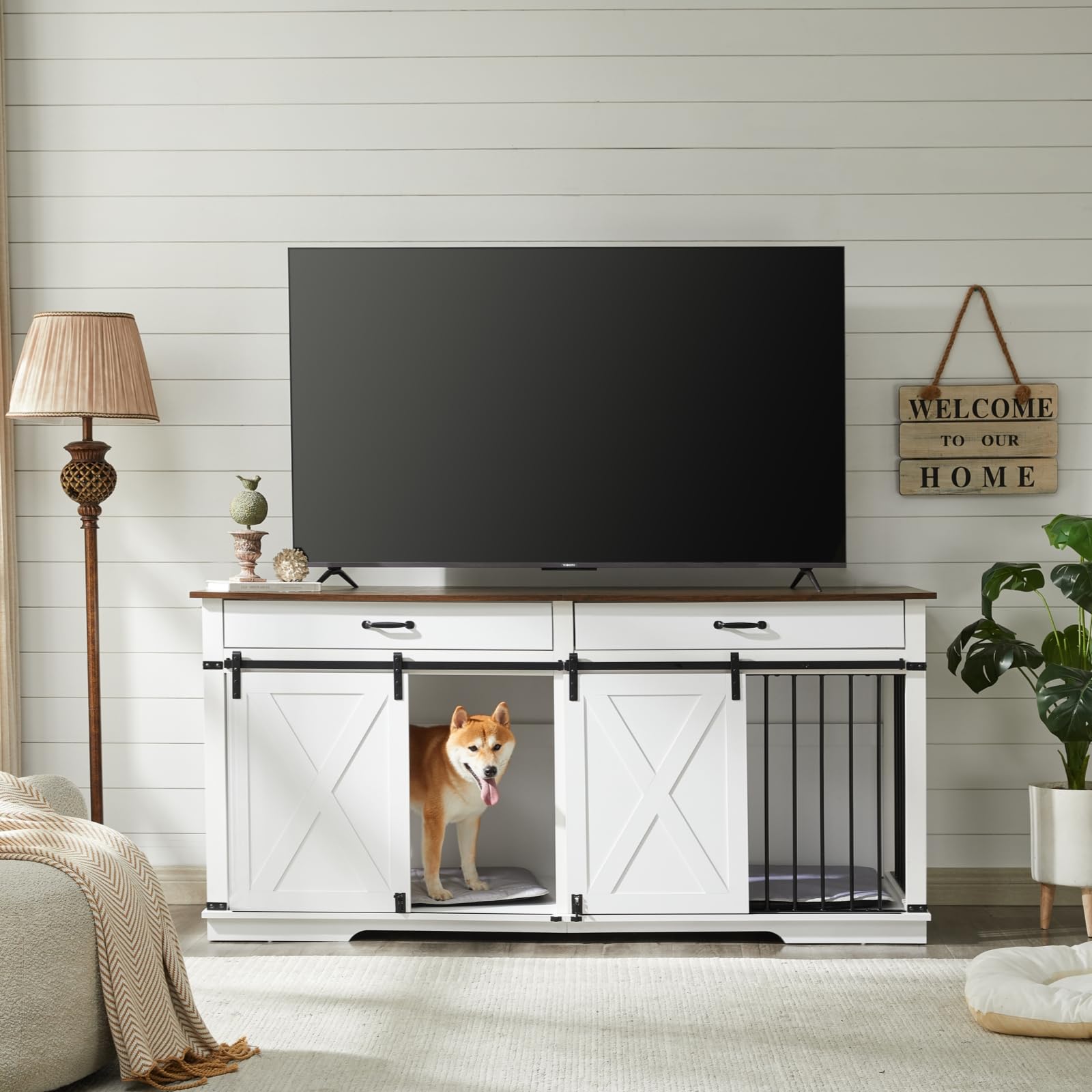 EDYO LIVING 72.5 Large Dog Crate Furniture for 2 Dogs, Wooden Dog Kennel with Drawers, Divider, Sliding Barn Door, Water Resista