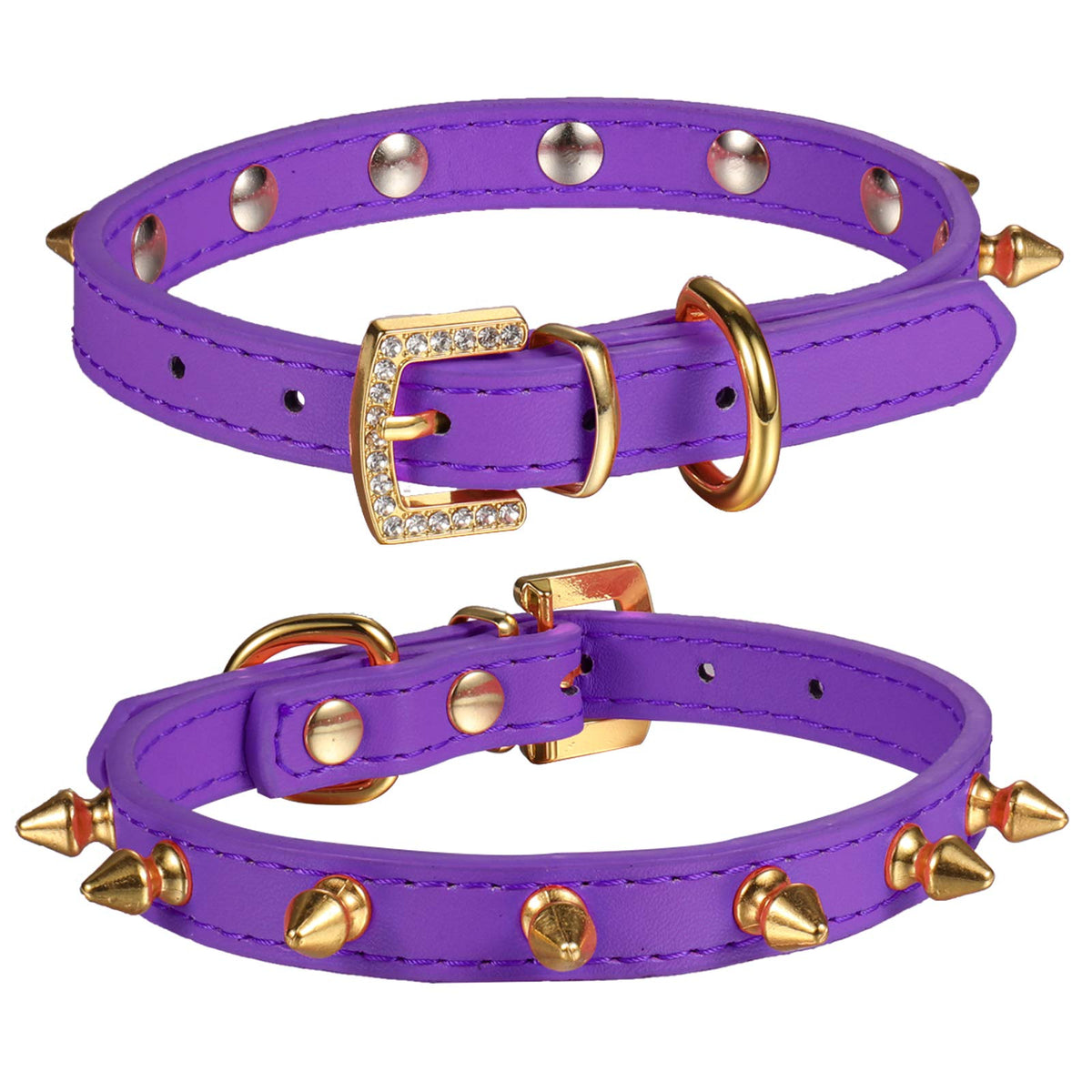 Lovpe One Row Golden Spiked Studded Leather Dog Collar/Cat Collar With Golden Rhinestone Buckle For Small Dog/Cat Puppy Kitty (Purple, S)