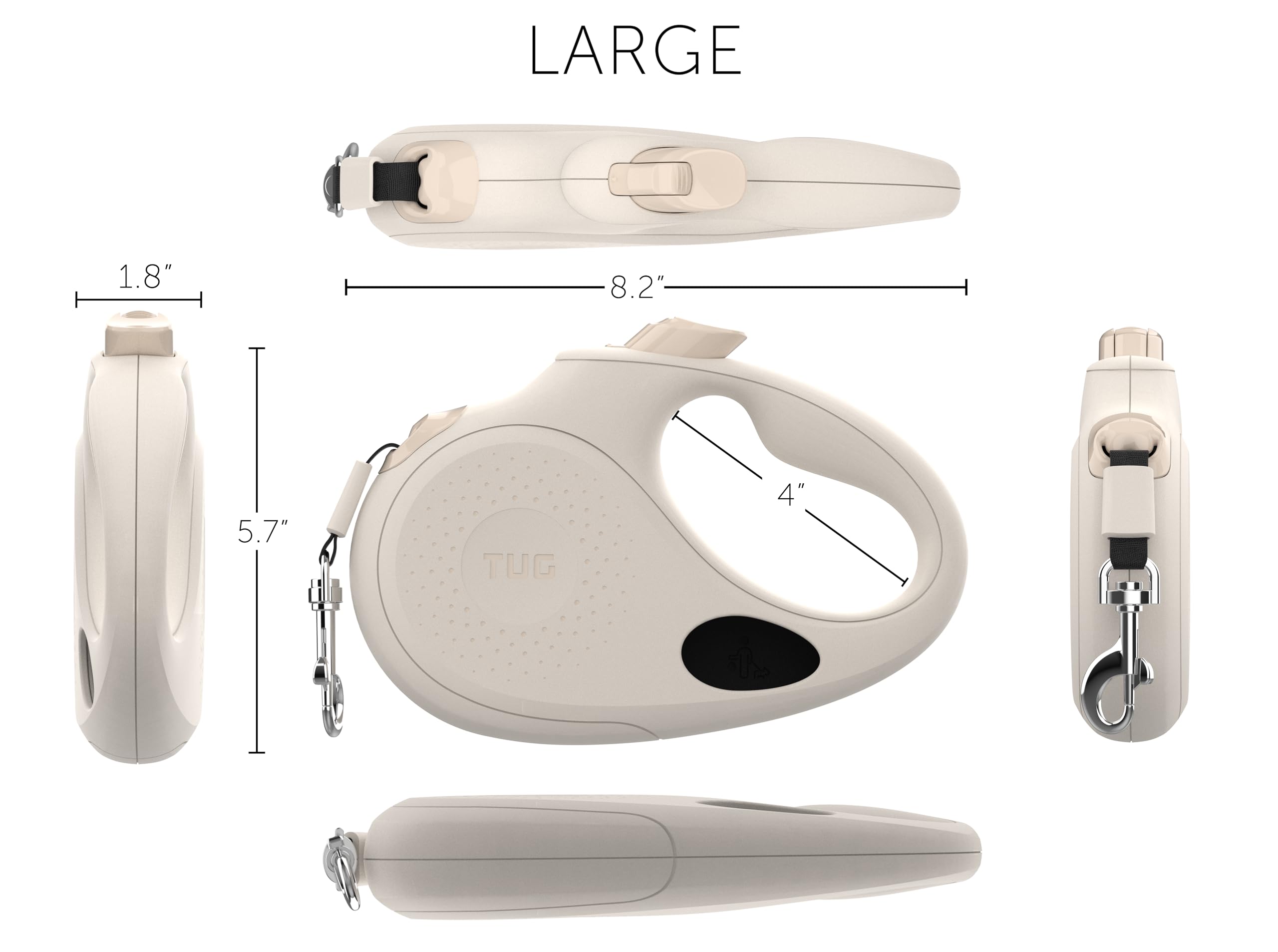 TUG Oval 360° Tangle-Free Retractable Dog Leash with Waste Bag Dispenser, Large, Cream, Model T008-LCRM
