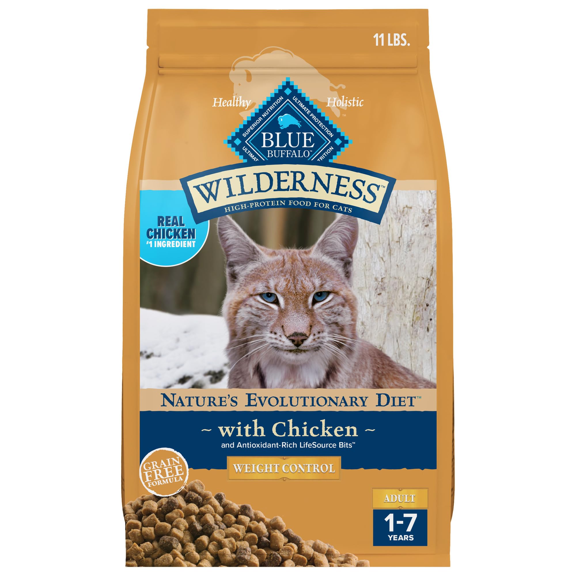 Blue Buffalo Wilderness Weight Control High-Protein, Grain-Free Natural Chicken Dry Food for Adult Cats, 11 lbs.