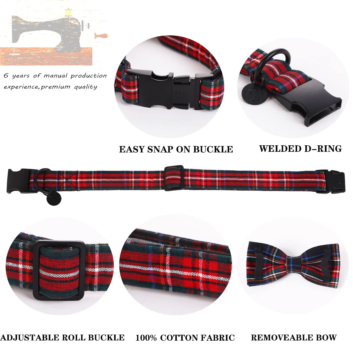 Dogwong Premium Christmas Dog Collars, Red Plaid Dog Collar, Adjustable Heavy Duty Girl Boy Dog Collar With Bow For Small Puppy Dogs