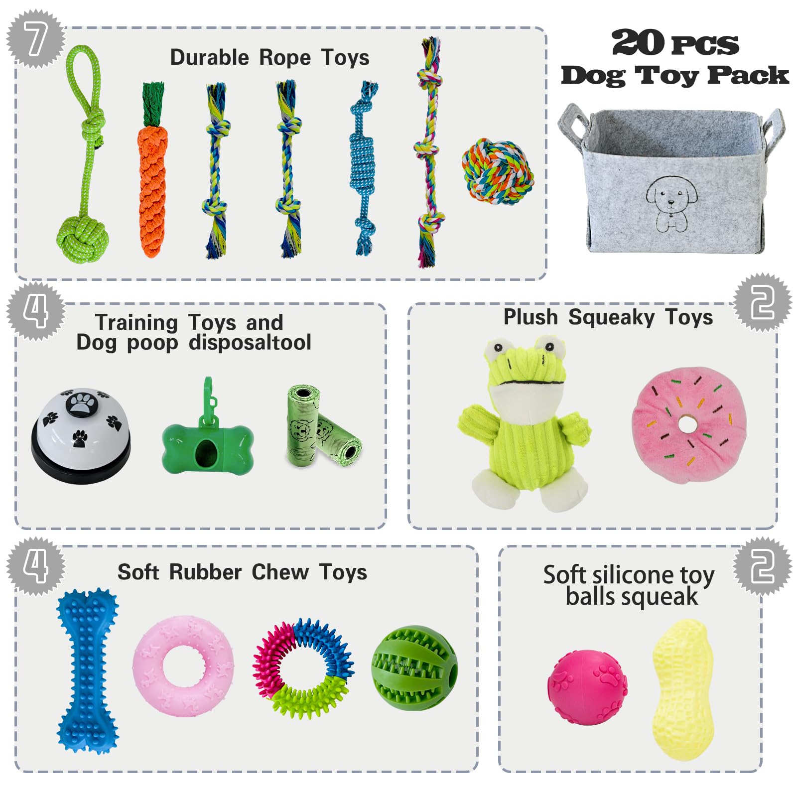 Mrsohret 20Pcs Puppy Chew Toys For Teething, Dog Chew Toys With Rope Toys, Pet Dog Toothbrush, Treat Balls, Plush Toys And Squea